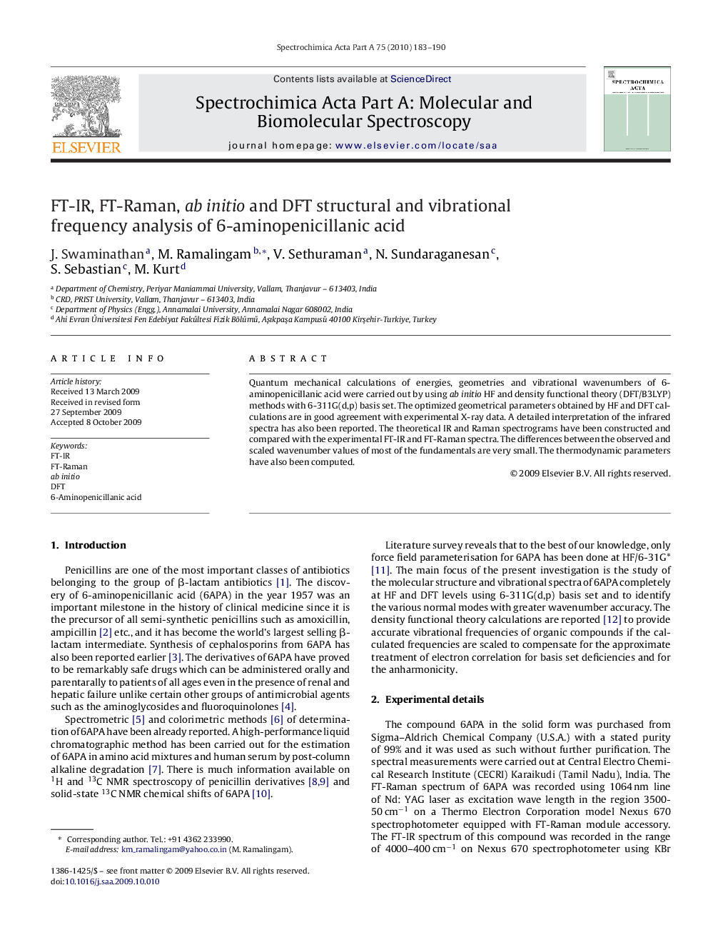 FT-IR, FT-Raman, ab initio and DFT structural and vibrational frequency analysis of 6-aminopenicillanic acid