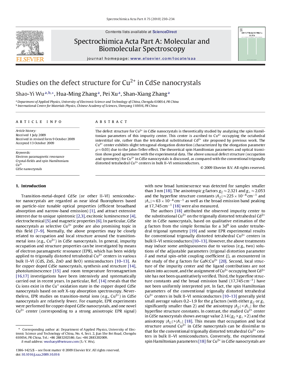 Studies on the defect structure for Cu2+ in CdSe nanocrystals