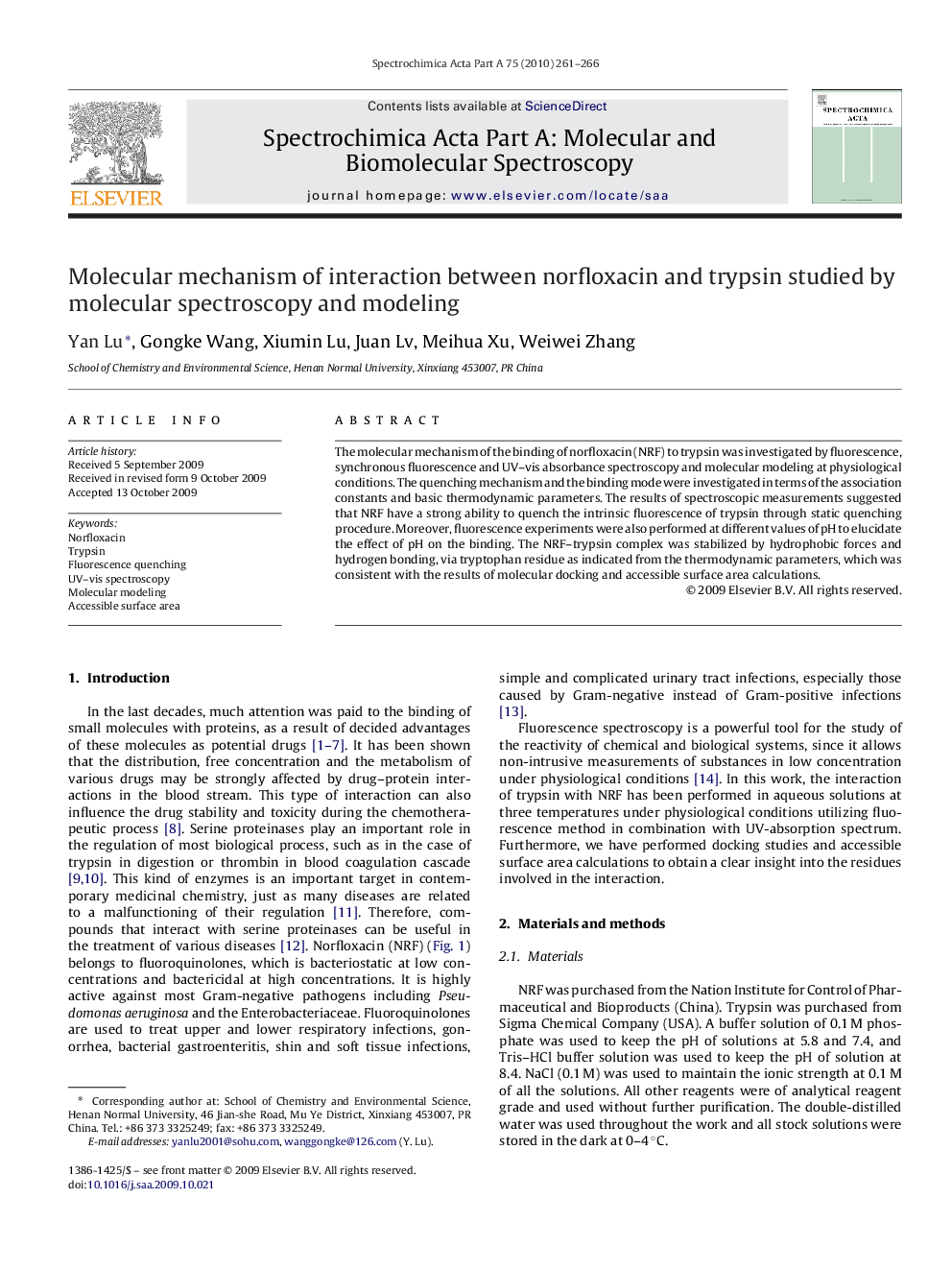 Molecular mechanism of interaction between norfloxacin and trypsin studied by molecular spectroscopy and modeling