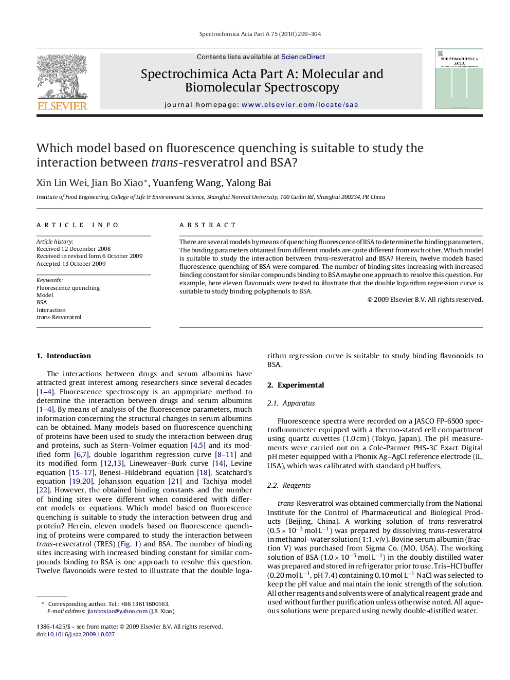 Which model based on fluorescence quenching is suitable to study the interaction between trans-resveratrol and BSA?