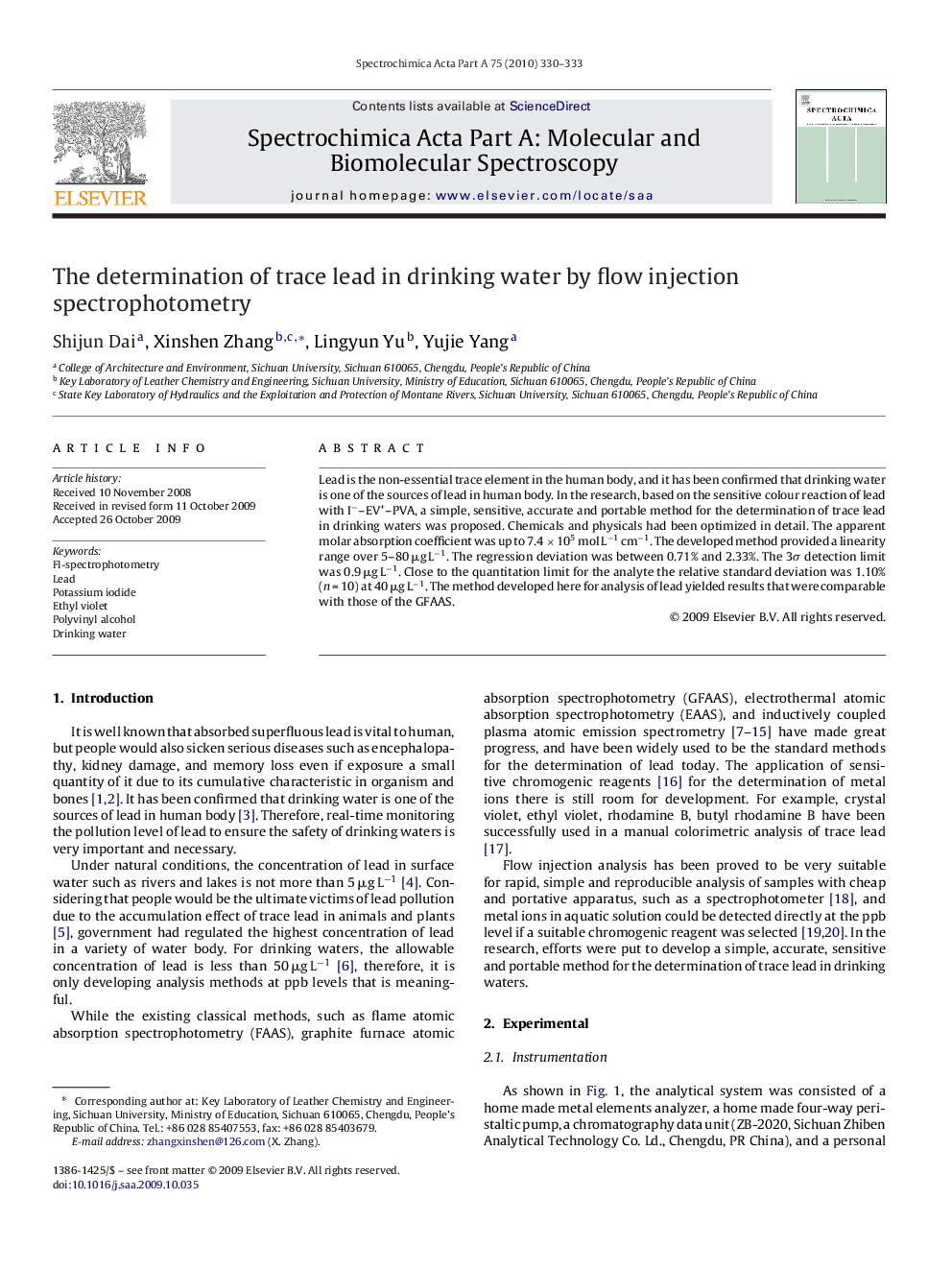 The determination of trace lead in drinking water by flow injection spectrophotometry