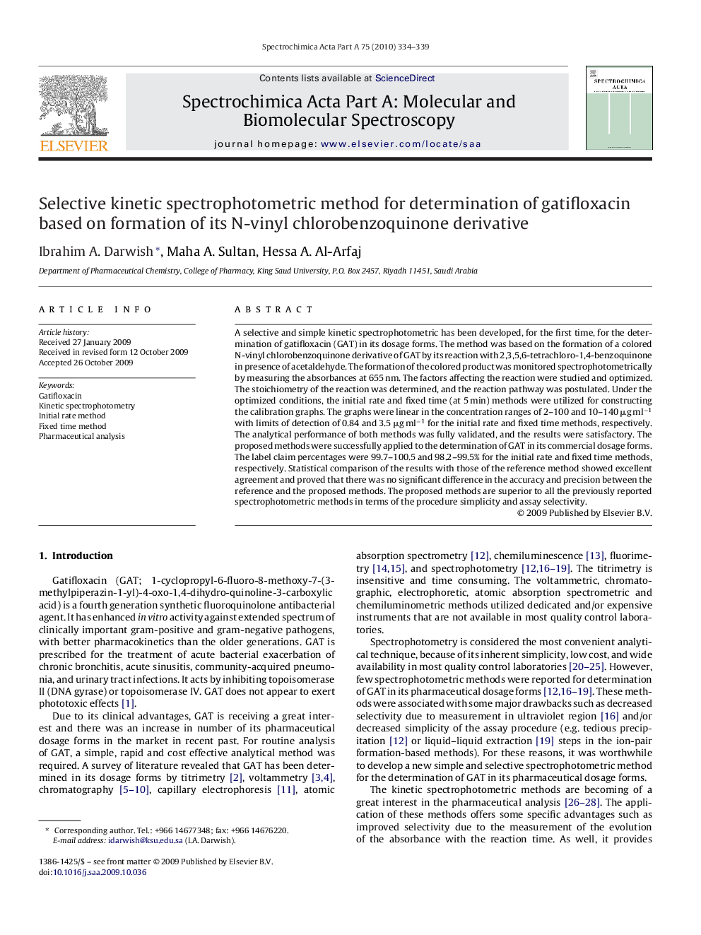 Selective kinetic spectrophotometric method for determination of gatifloxacin based on formation of its N-vinyl chlorobenzoquinone derivative