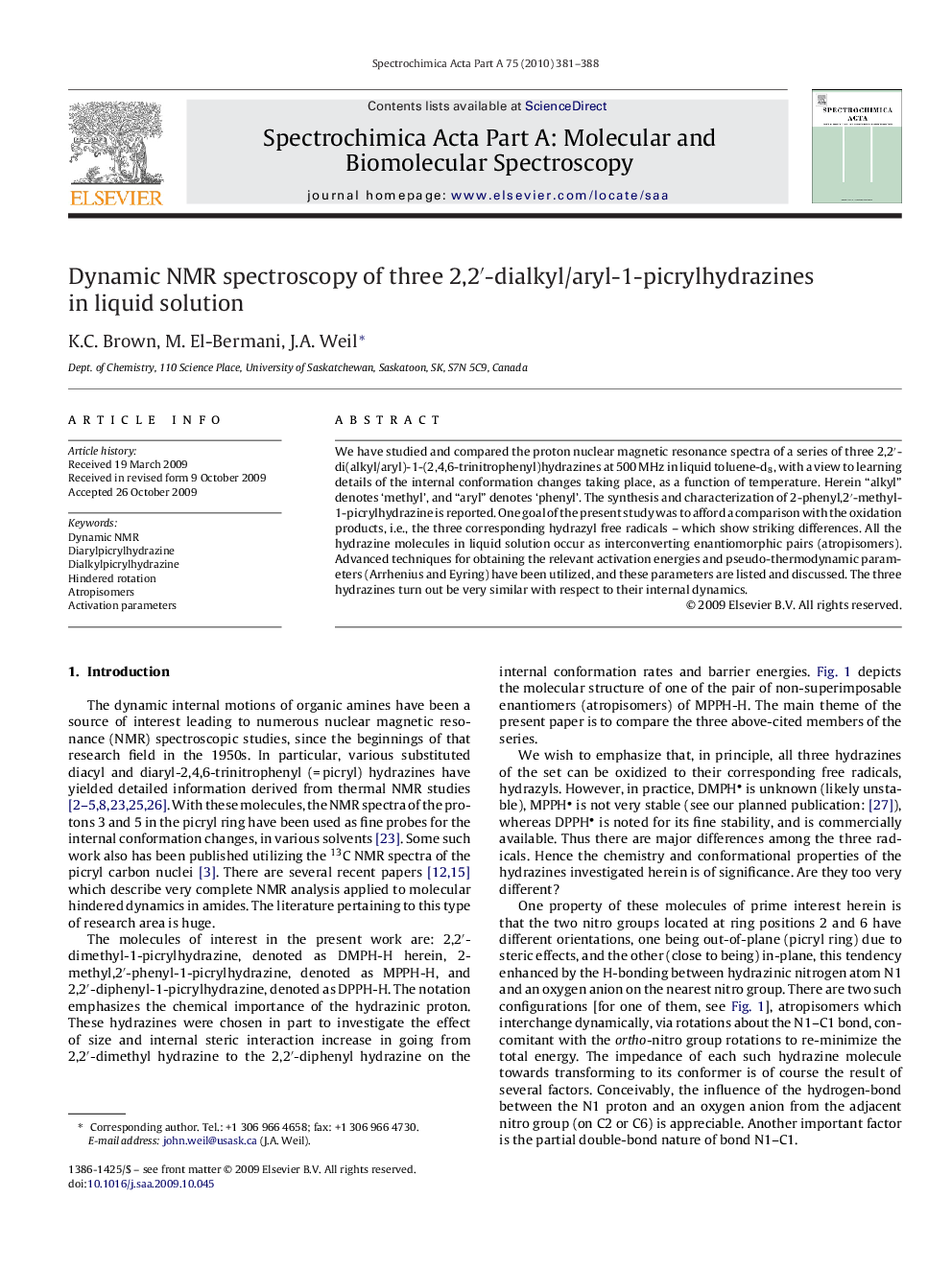 Dynamic NMR spectroscopy of three 2,2′-dialkyl/aryl-1-picrylhydrazines in liquid solution