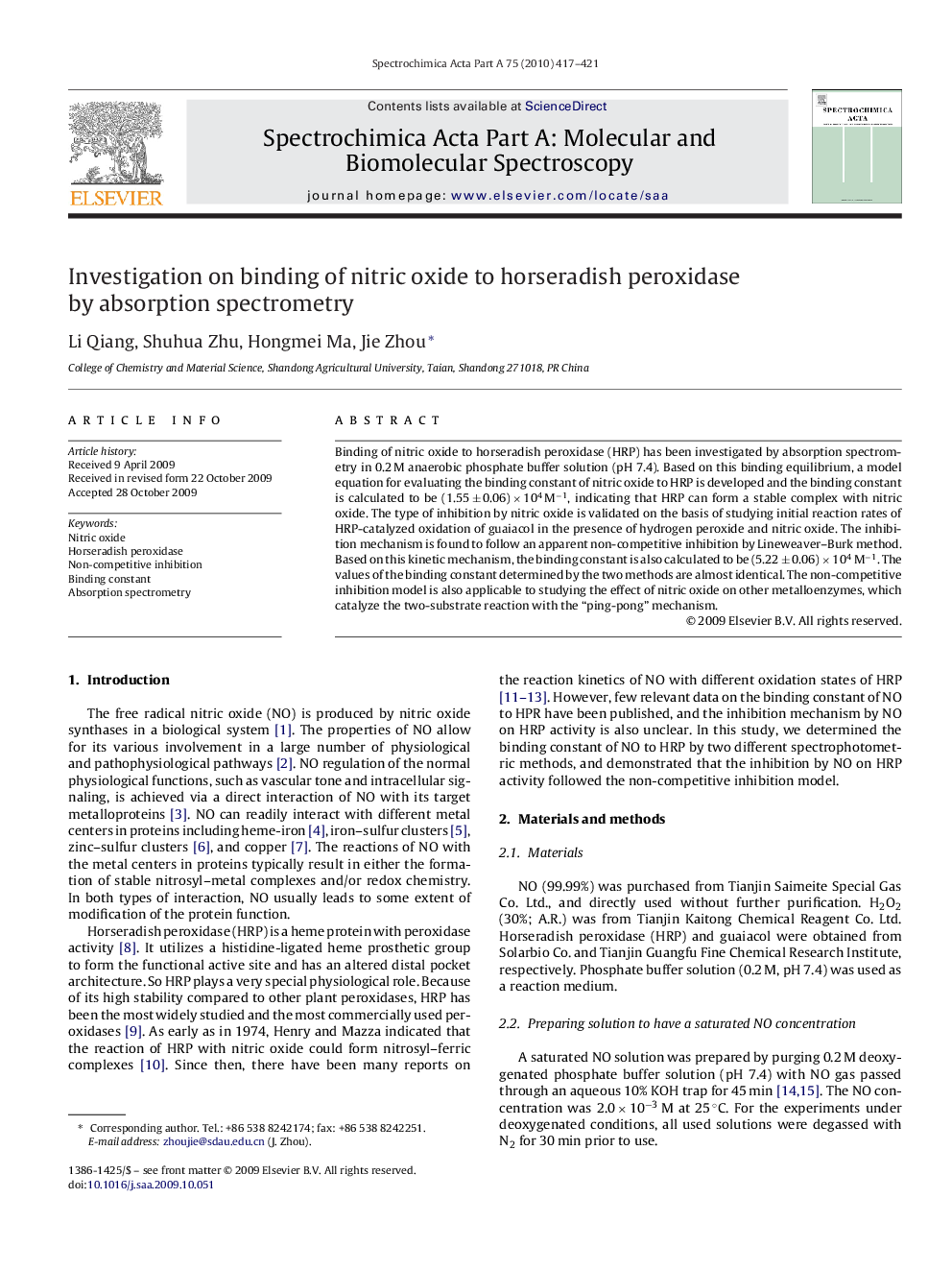 Investigation on binding of nitric oxide to horseradish peroxidase by absorption spectrometry