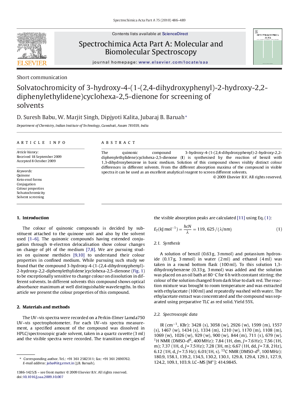 Solvatochromicity of 3-hydroxy-4-(1-(2,4-dihydroxyphenyl)-2-hydroxy-2,2-diphenylethylidene)cyclohexa-2,5-dienone for screening of solvents