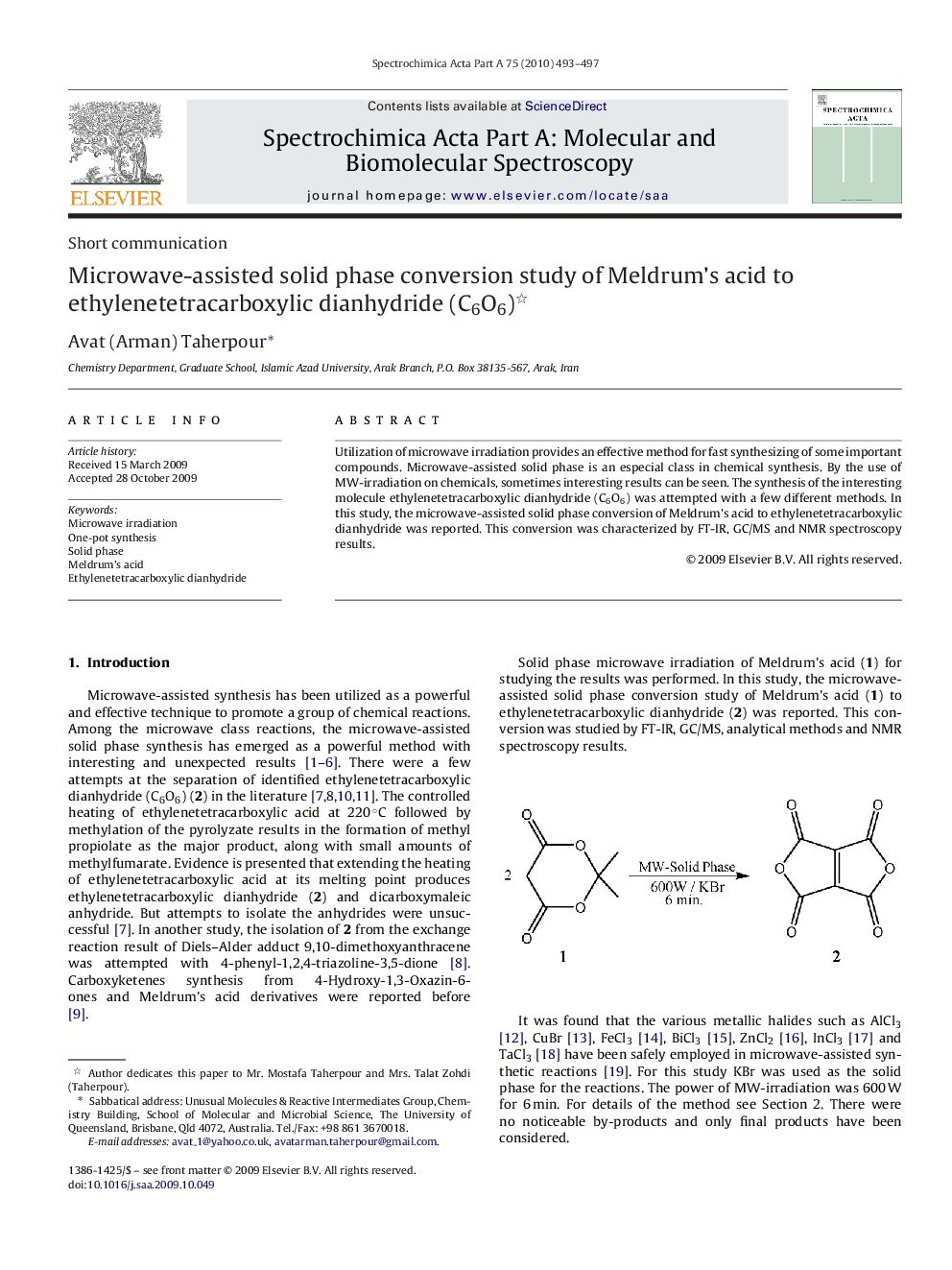 Microwave-assisted solid phase conversion study of Meldrum's acid to ethylenetetracarboxylic dianhydride (C6O6) 