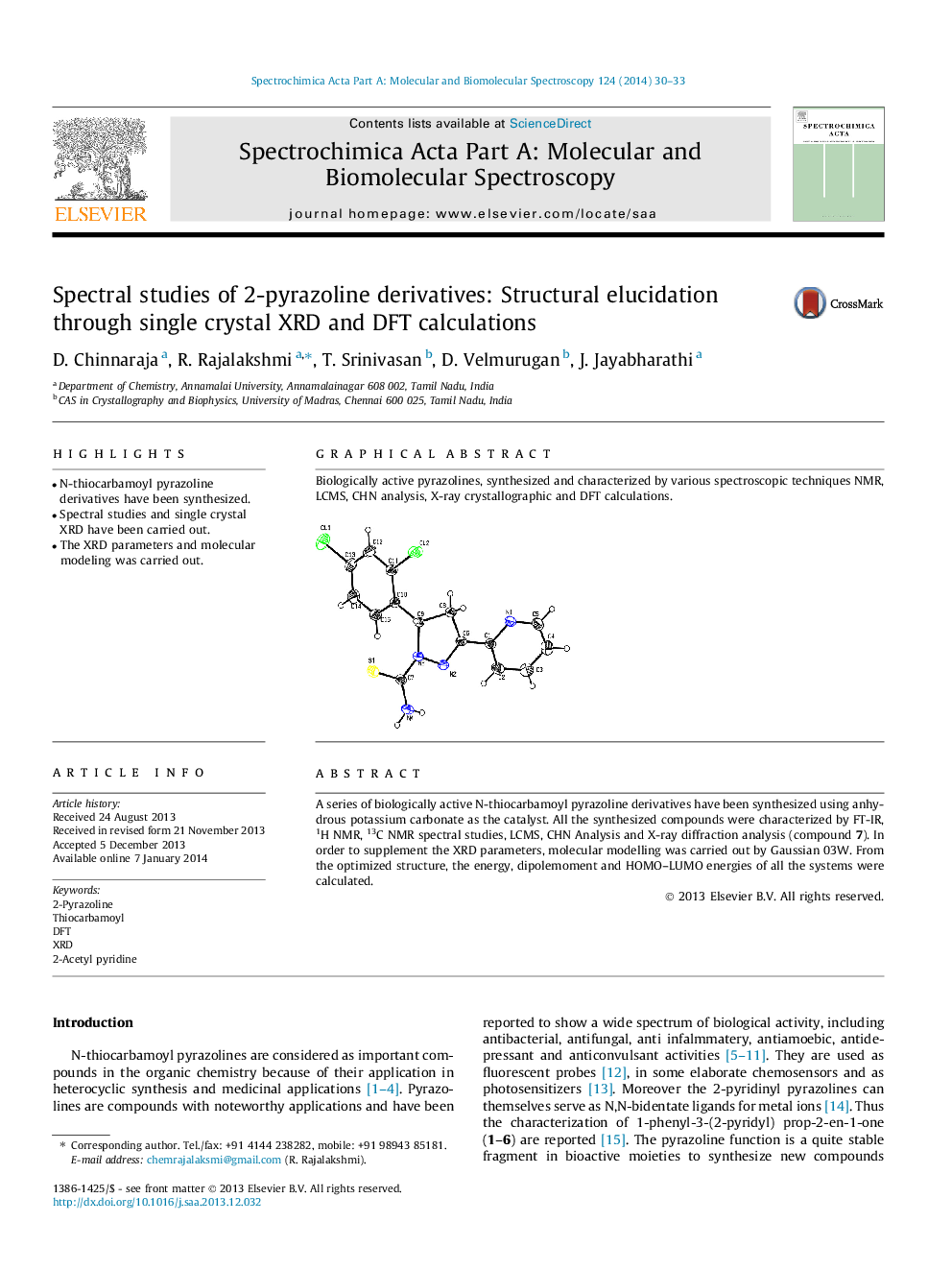 Spectral studies of 2-pyrazoline derivatives: Structural elucidation through single crystal XRD and DFT calculations