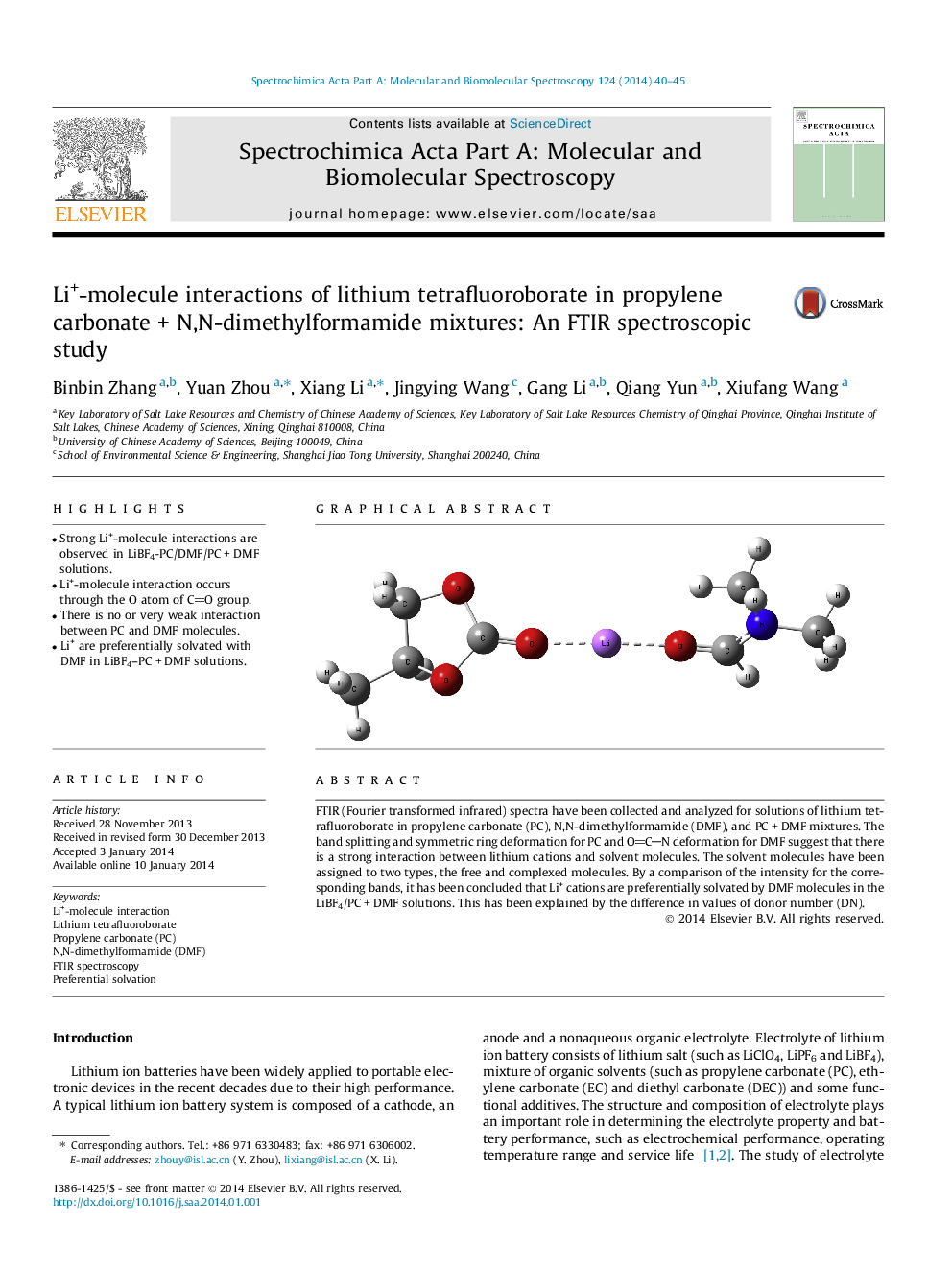 Li+-molecule interactions of lithium tetrafluoroborate in propylene carbonate + N,N-dimethylformamide mixtures: An FTIR spectroscopic study