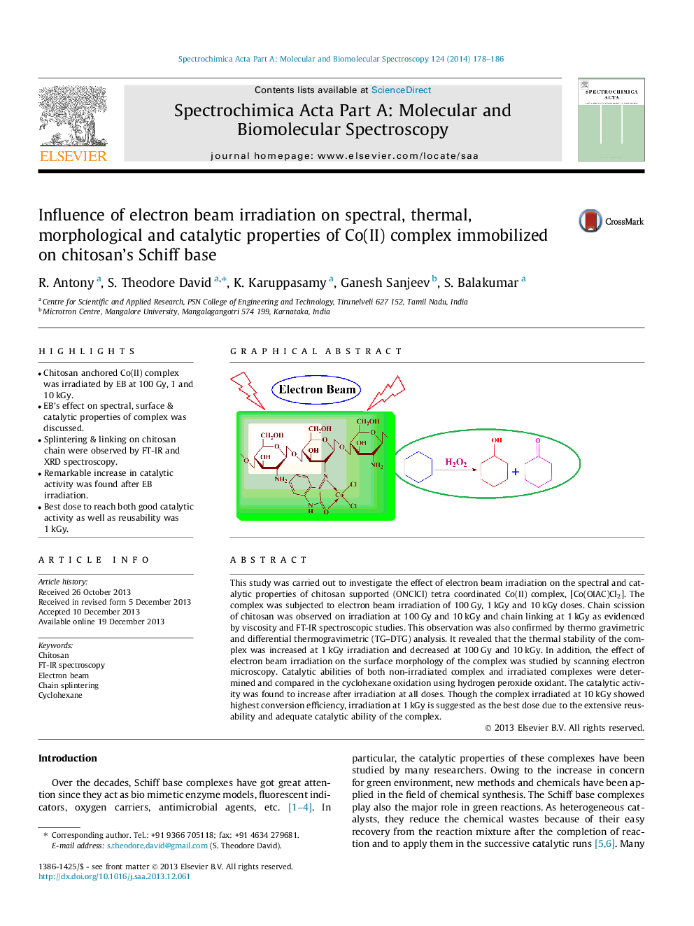 عکس صفحه اول مقاله: Influence of electron beam irradiation on spectral, thermal, morphological and catalytic properties of Co(II) complex immobilized on chitosan’s Schiff base Influence of electron beam irradiation on spectral, thermal, morphological and catalytic properties of Co(II) complex immobilized on chitosan’s Schiff base