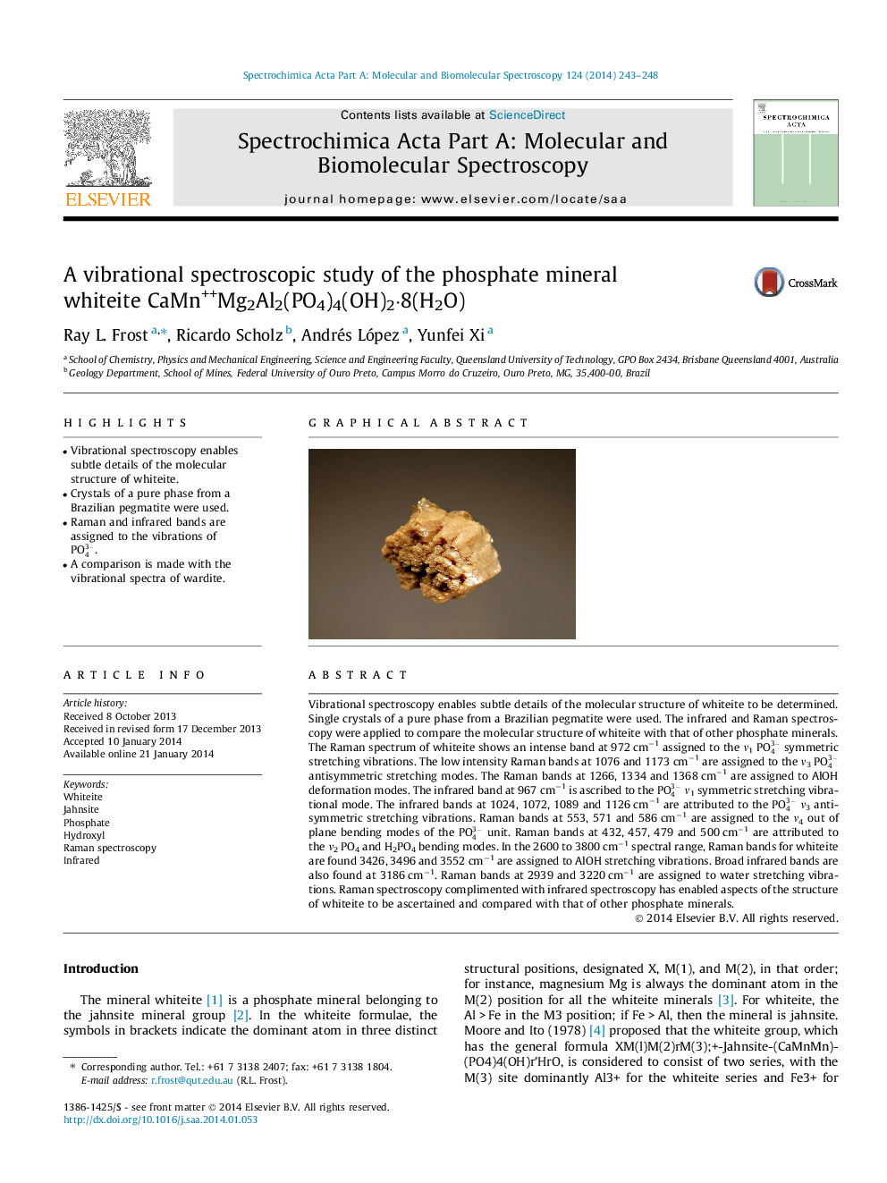 عکس صفحه اول مقاله: A vibrational spectroscopic study of the phosphate mineral whiteite CaMn++Mg2Al2(PO4)4(OH)2·8(H2O) A vibrational spectroscopic study of the phosphate mineral whiteite CaMn++Mg2Al2(PO4)4(OH)2·8(H2O)