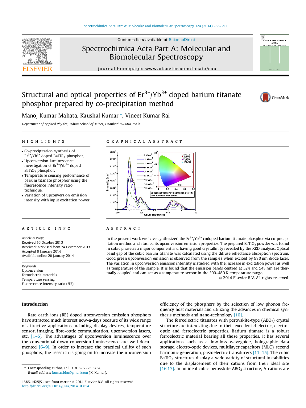 عکس صفحه اول مقاله: Structural and optical properties of Er3+/Yb3+ doped barium titanate phosphor prepared by co-precipitation method Structural and optical properties of Er3+/Yb3+ doped barium titanate phosphor prepared by co-precipitation method