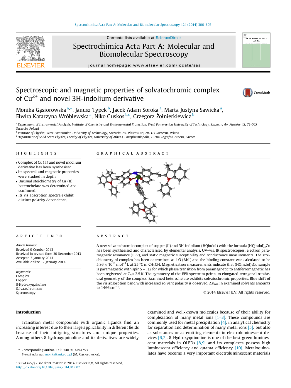 Spectroscopic and magnetic properties of solvatochromic complex of Cu2+ and novel 3H-indolium derivative