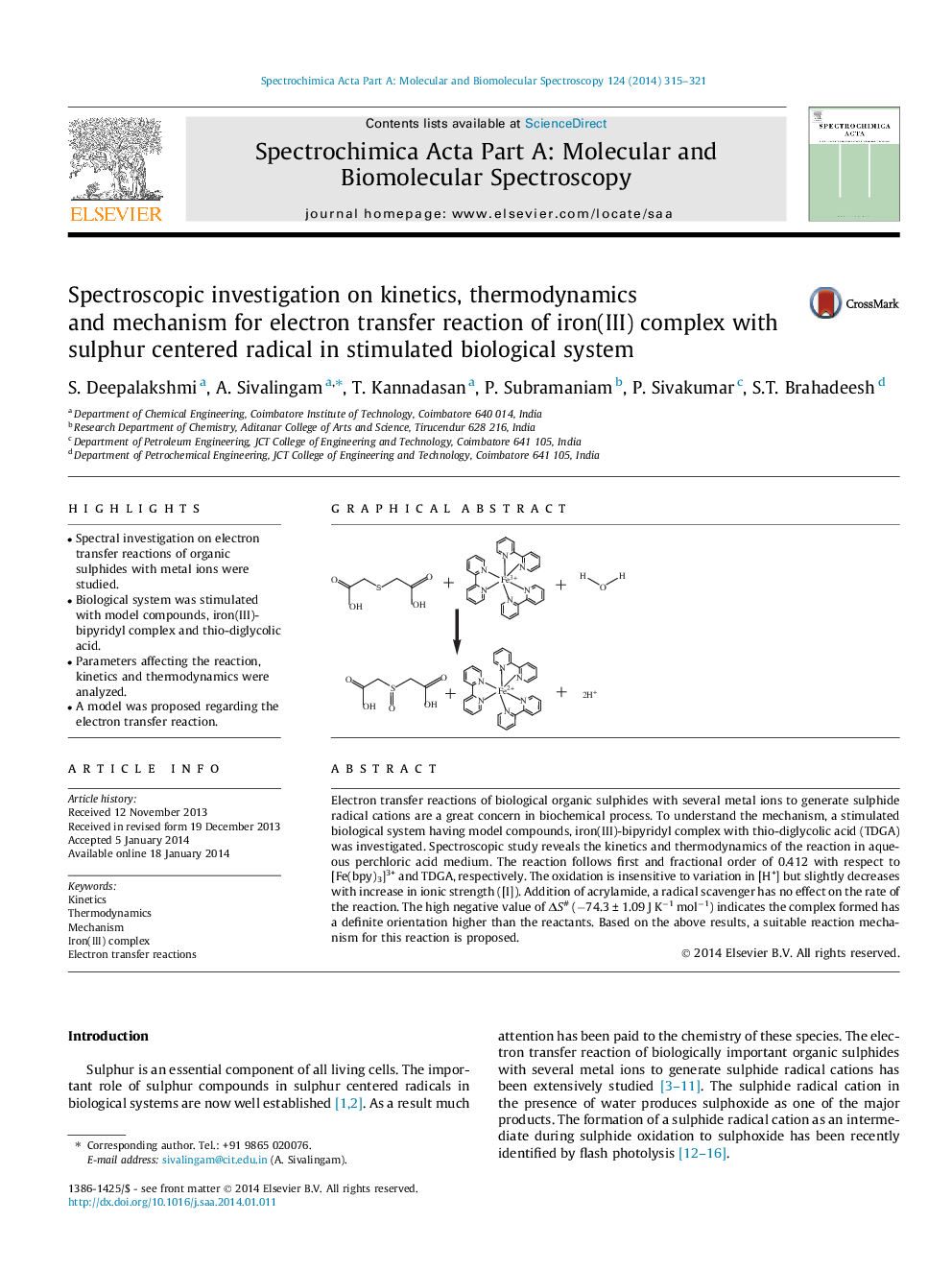 Spectroscopic investigation on kinetics, thermodynamics and mechanism for electron transfer reaction of iron(III) complex with sulphur centered radical in stimulated biological system