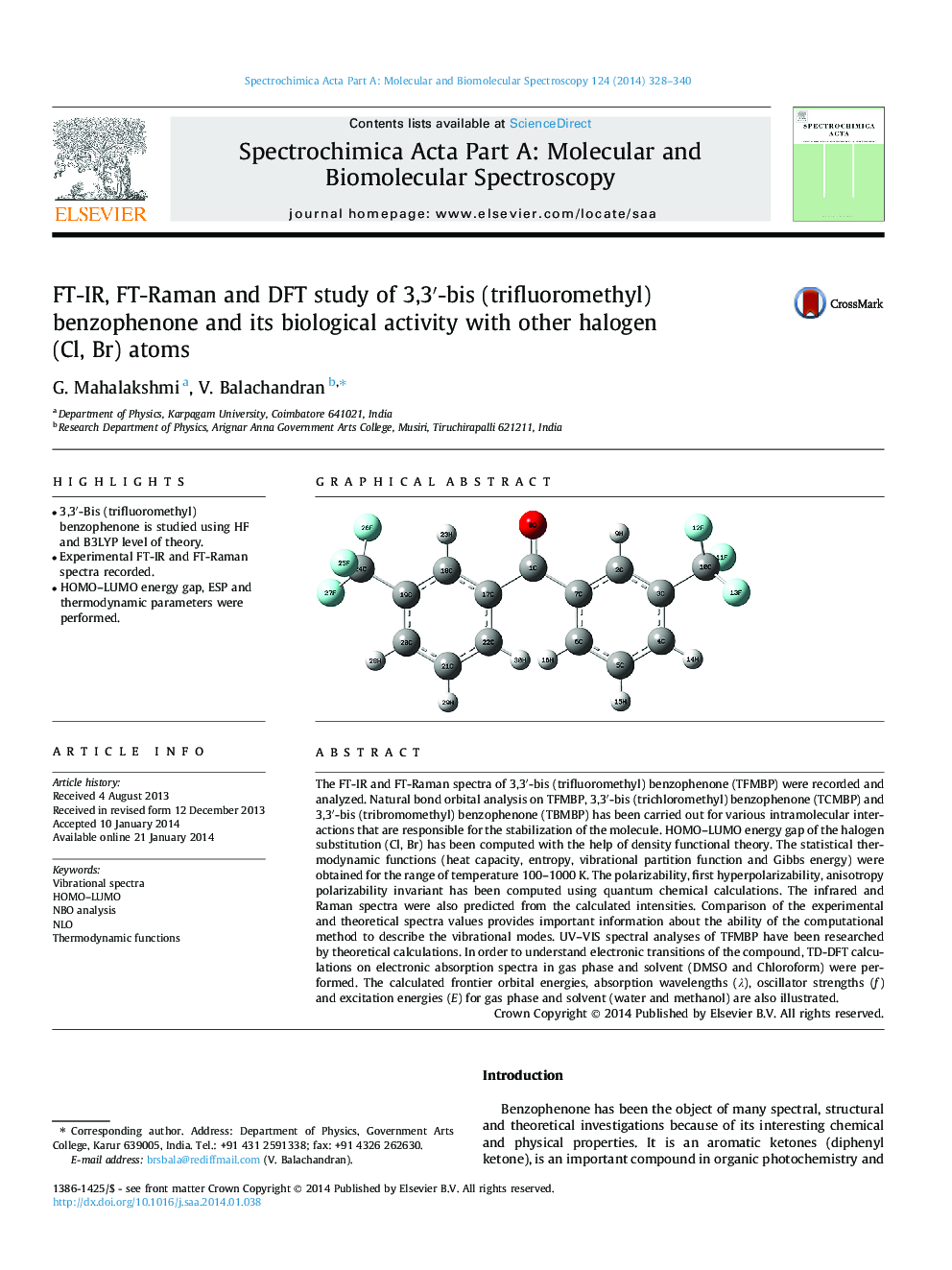 FT-IR, FT-Raman and DFT study of 3,3′-bis (trifluoromethyl) benzophenone and its biological activity with other halogen (Cl, Br) atoms