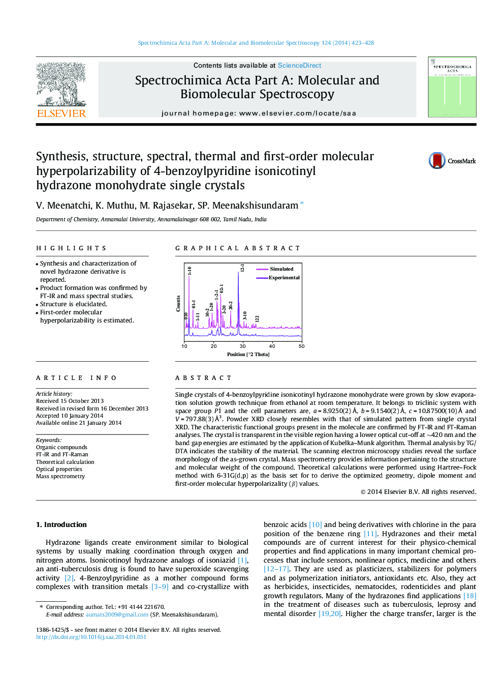 Synthesis, structure, spectral, thermal and first-order molecular hyperpolarizability of 4-benzoylpyridine isonicotinyl hydrazone monohydrate single crystals