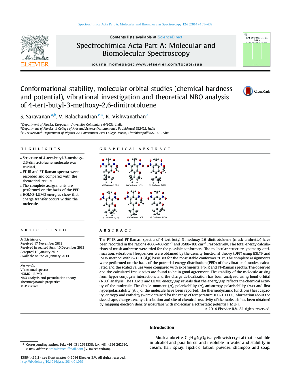 Conformational stability, molecular orbital studies (chemical hardness and potential), vibrational investigation and theoretical NBO analysis of 4-tert-butyl-3-methoxy-2,6-dinitrotoluene