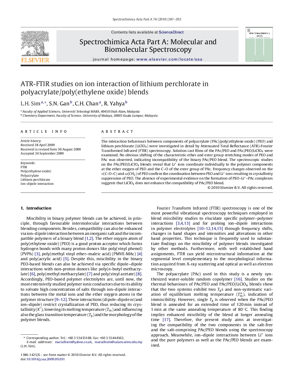 ATR-FTIR studies on ion interaction of lithium perchlorate in polyacrylate/poly(ethylene oxide) blends