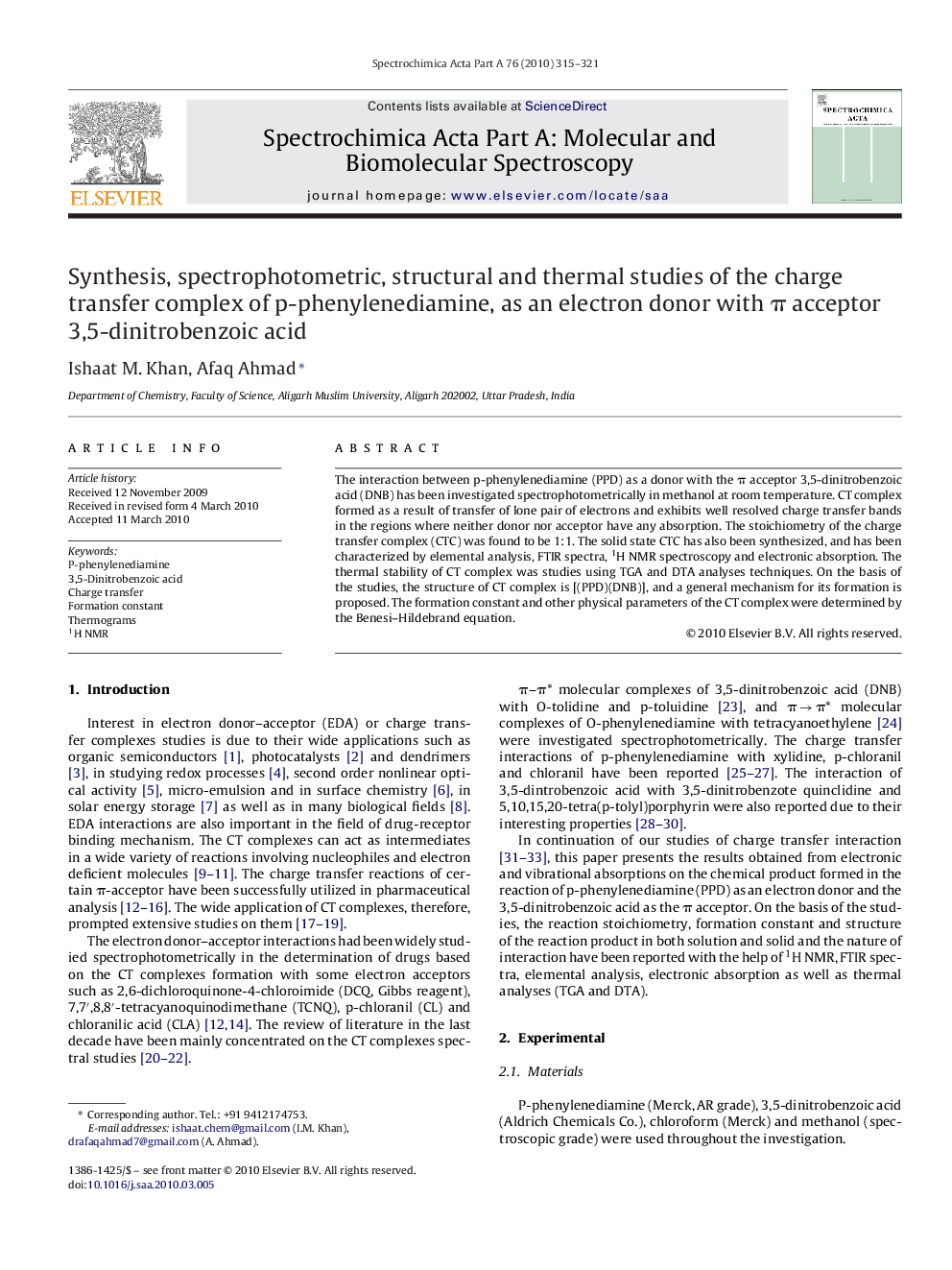 Synthesis, spectrophotometric, structural and thermal studies of the charge transfer complex of p-phenylenediamine, as an electron donor with π acceptor 3,5-dinitrobenzoic acid