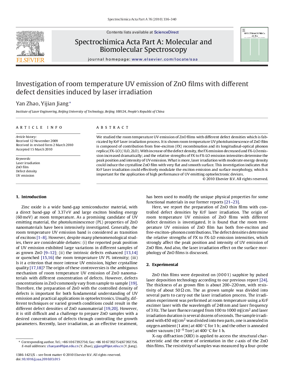 Investigation of room temperature UV emission of ZnO films with different defect densities induced by laser irradiation