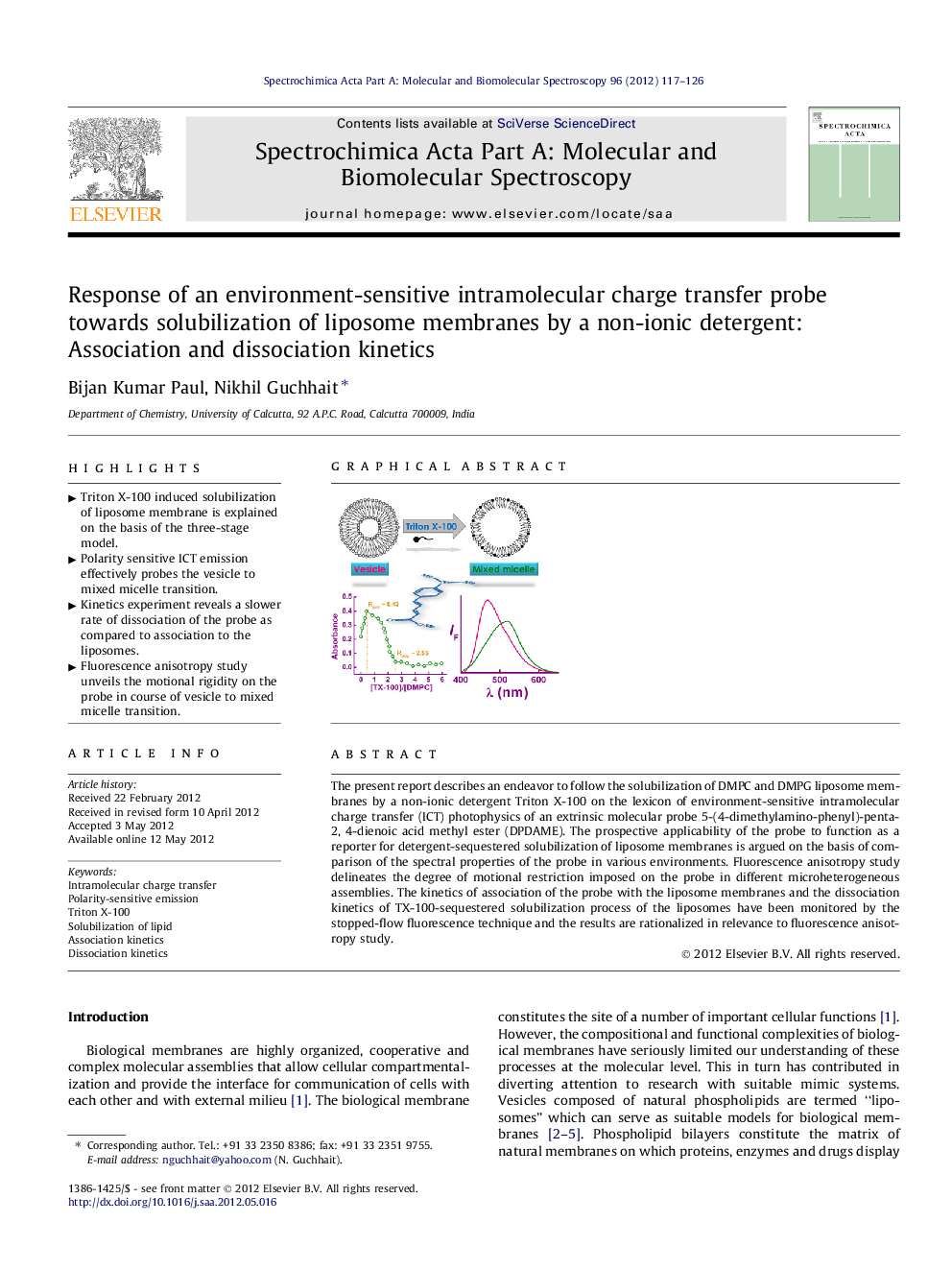 Response of an environment-sensitive intramolecular charge transfer probe towards solubilization of liposome membranes by a non-ionic detergent: Association and dissociation kinetics