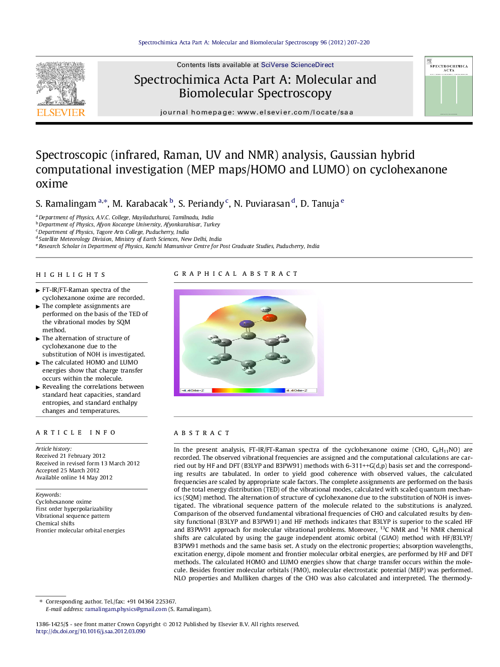 Spectroscopic (infrared, Raman, UV and NMR) analysis, Gaussian hybrid computational investigation (MEP maps/HOMO and LUMO) on cyclohexanone oxime