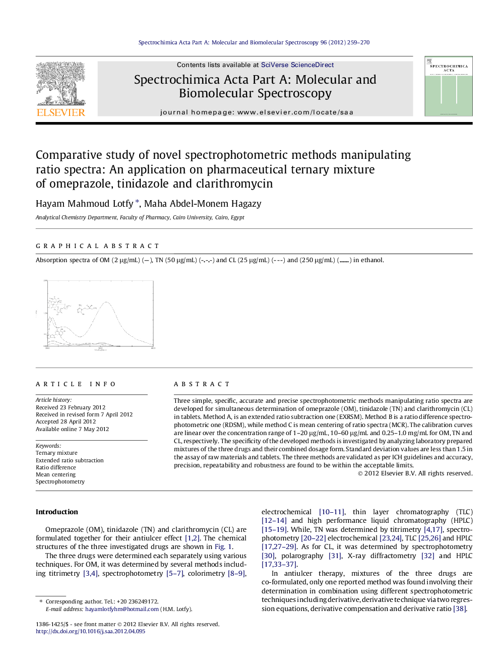 Comparative study of novel spectrophotometric methods manipulating ratio spectra: An application on pharmaceutical ternary mixture of omeprazole, tinidazole and clarithromycin