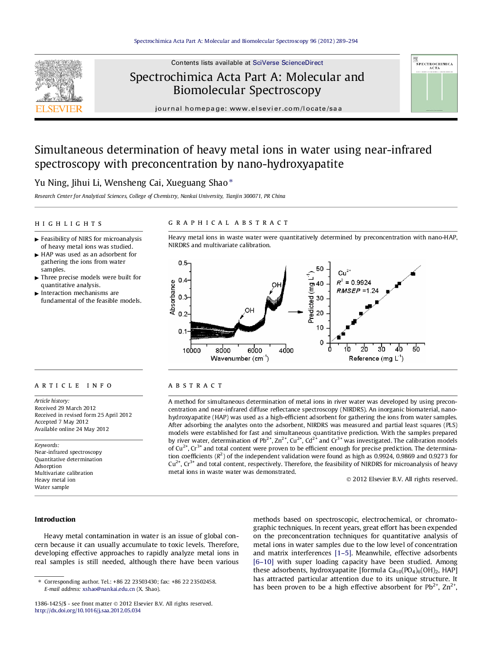 Simultaneous determination of heavy metal ions in water using near-infrared spectroscopy with preconcentration by nano-hydroxyapatite