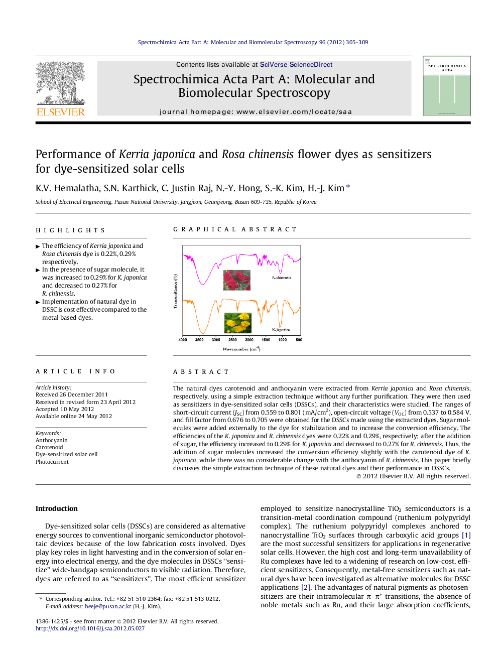 Performance of Kerria japonica and Rosa chinensis flower dyes as sensitizers for dye-sensitized solar cells