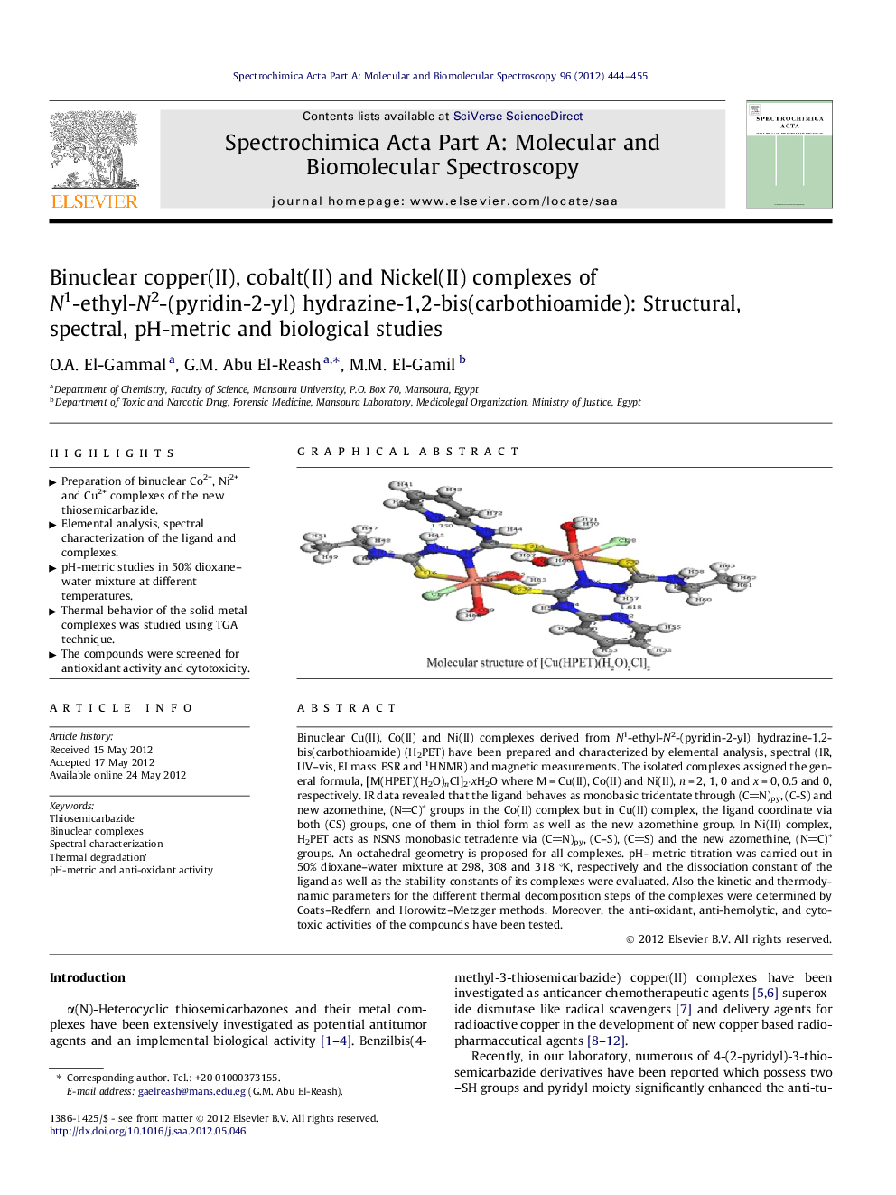 Binuclear copper(II), cobalt(II) and Nickel(II) complexes of N1-ethyl-N2-(pyridin-2-yl) hydrazine-1,2-bis(carbothioamide): Structural, spectral, pH-metric and biological studies