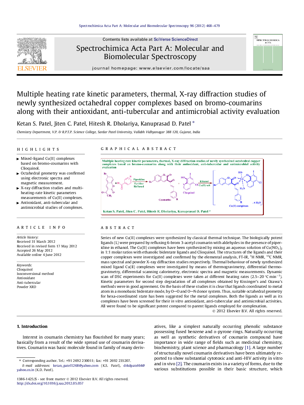 Multiple heating rate kinetic parameters, thermal, X-ray diffraction studies of newly synthesized octahedral copper complexes based on bromo-coumarins along with their antioxidant, anti-tubercular and antimicrobial activity evaluation