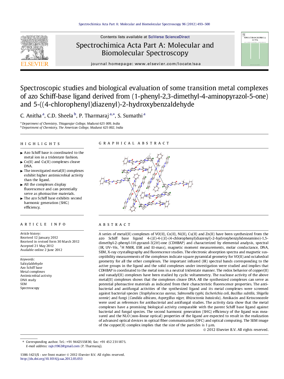 Spectroscopic studies and biological evaluation of some transition metal complexes of azo Schiff-base ligand derived from (1-phenyl-2,3-dimethyl-4-aminopyrazol-5-one) and 5-((4-chlorophenyl)diazenyl)-2-hydroxybenzaldehyde