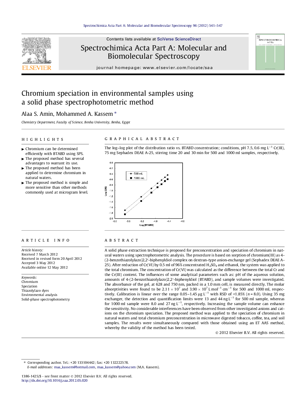 Chromium speciation in environmental samples using a solid phase spectrophotometric method