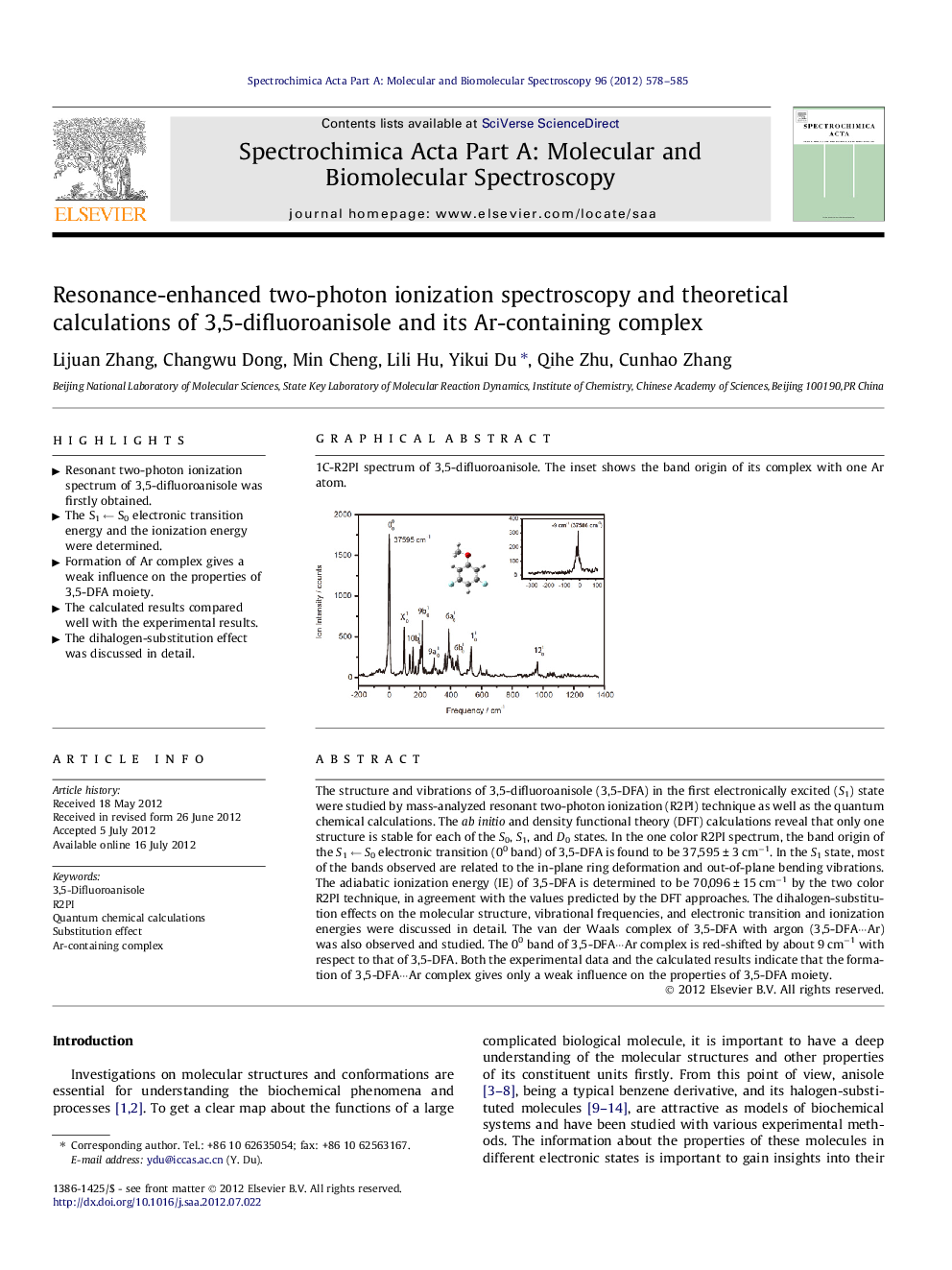 Resonance-enhanced two-photon ionization spectroscopy and theoretical calculations of 3,5-difluoroanisole and its Ar-containing complex