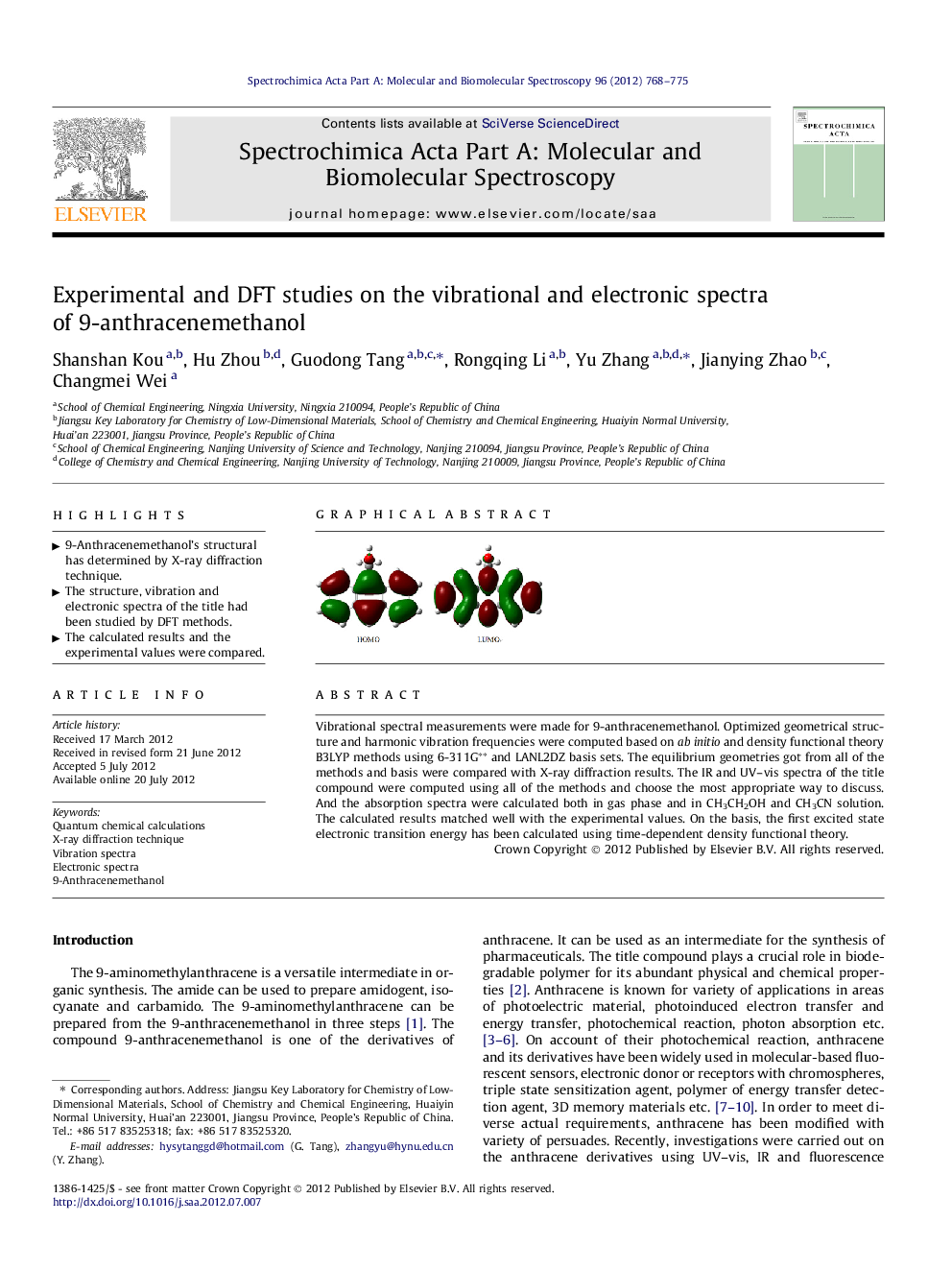 Experimental and DFT studies on the vibrational and electronic spectra of 9-anthracenemethanol