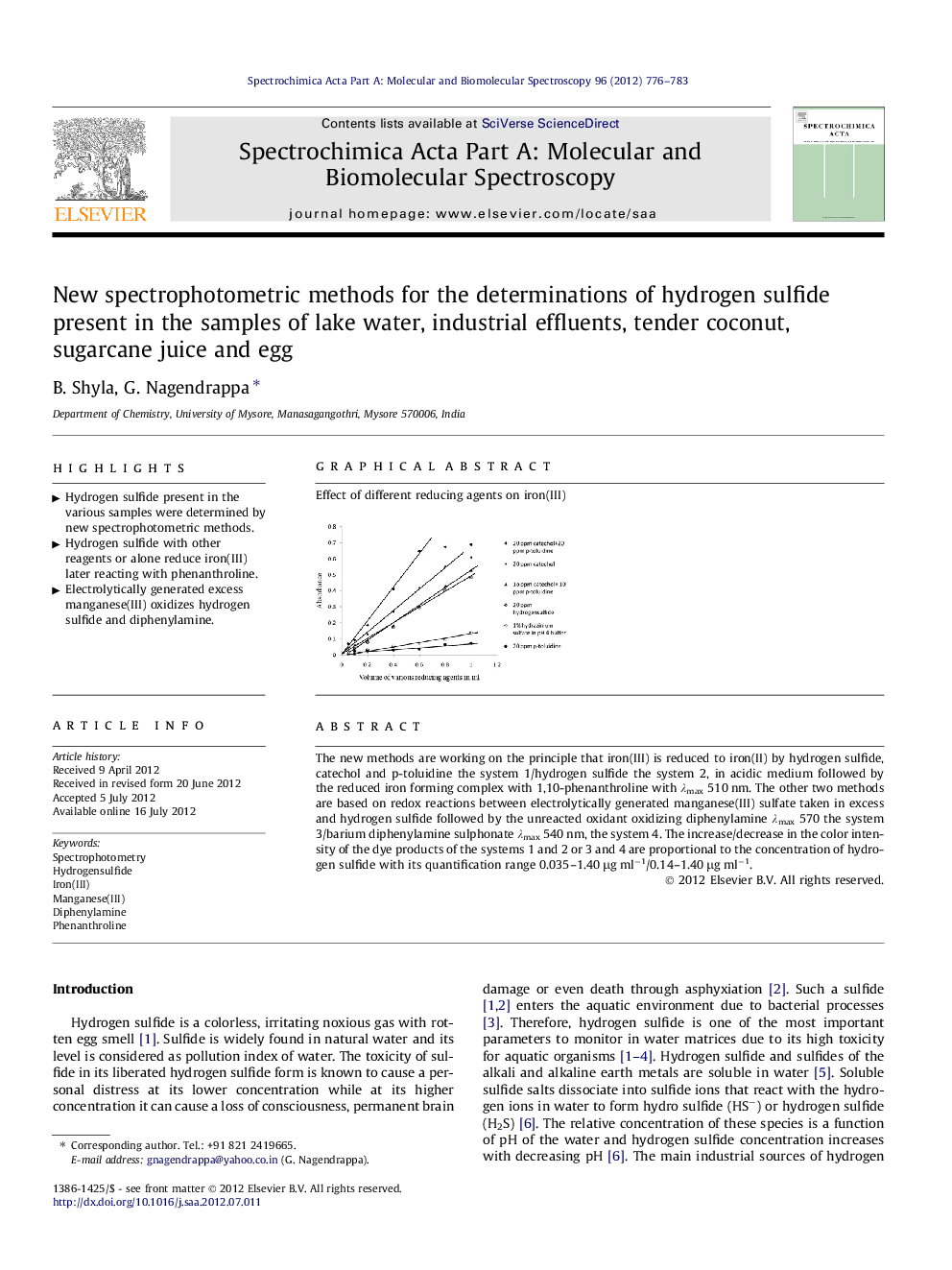 New spectrophotometric methods for the determinations of hydrogen sulfide present in the samples of lake water, industrial effluents, tender coconut, sugarcane juice and egg