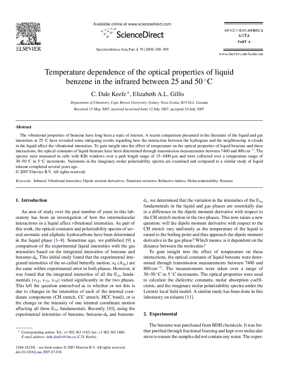 Temperature dependence of the optical properties of liquid benzene in the infrared between 25 and 50 °C