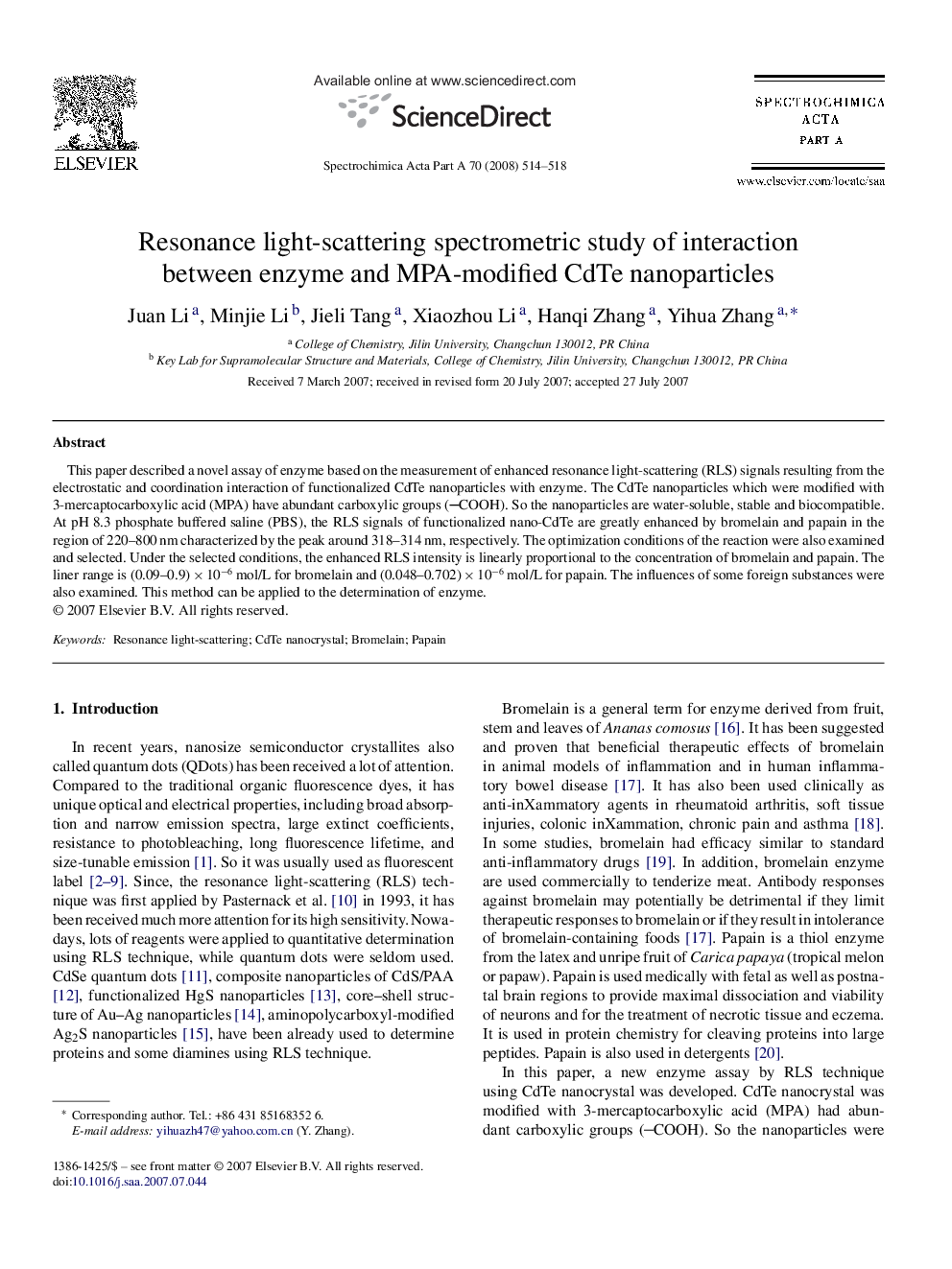 Resonance light-scattering spectrometric study of interaction between enzyme and MPA-modified CdTe nanoparticles