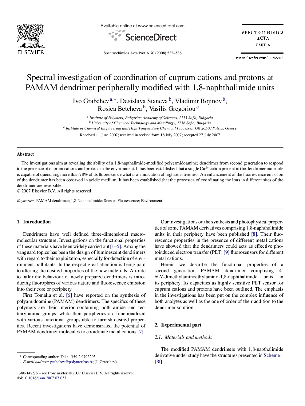 Spectral investigation of coordination of cuprum cations and protons at PAMAM dendrimer peripherally modified with 1,8-naphthalimide units