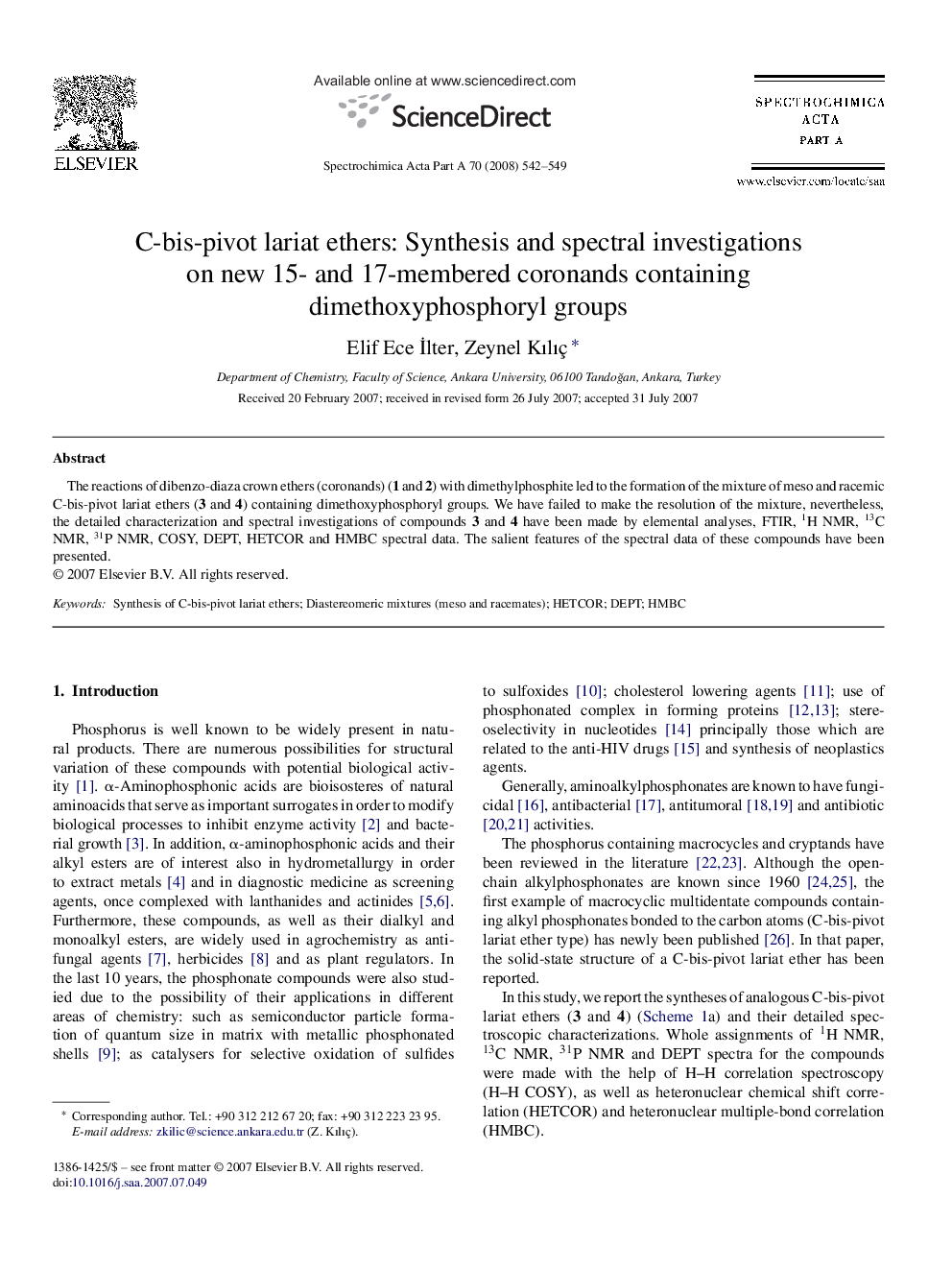 C-bis-pivot lariat ethers: Synthesis and spectral investigations on new 15- and 17-membered coronands containing dimethoxyphosphoryl groups