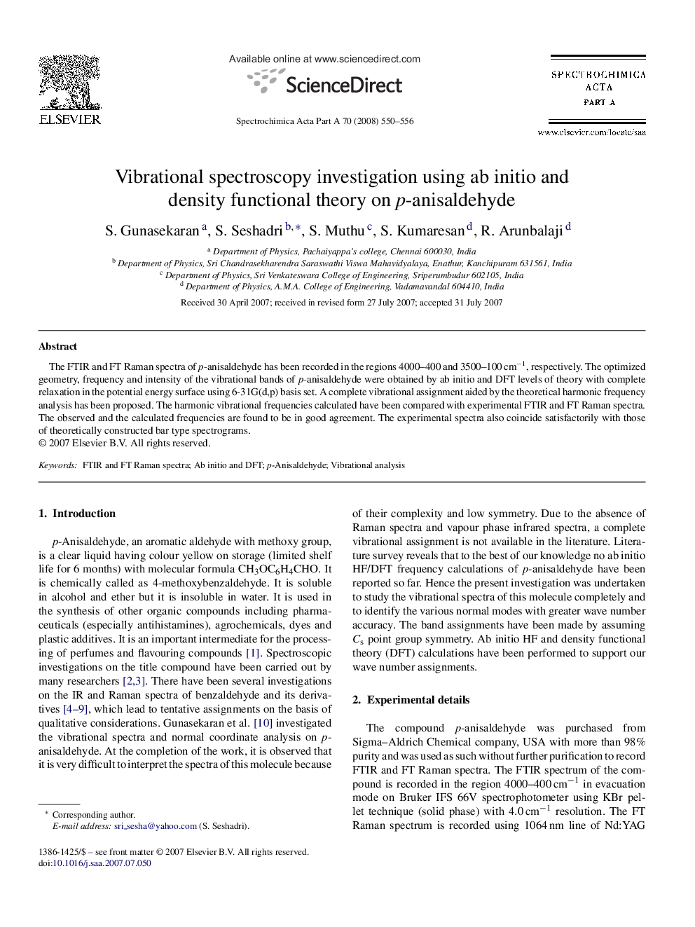 عکس صفحه اول مقاله: Vibrational spectroscopy investigation using ab initio and density functional theory on p-anisaldehyde Vibrational spectroscopy investigation using ab initio and density functional theory on p-anisaldehyde