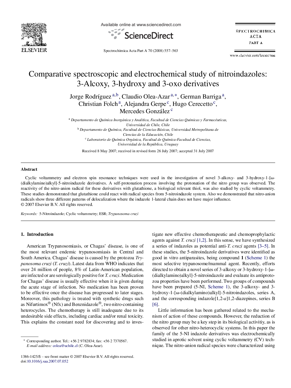 Comparative spectroscopic and electrochemical study of nitroindazoles: 3-Alcoxy, 3-hydroxy and 3-oxo derivatives