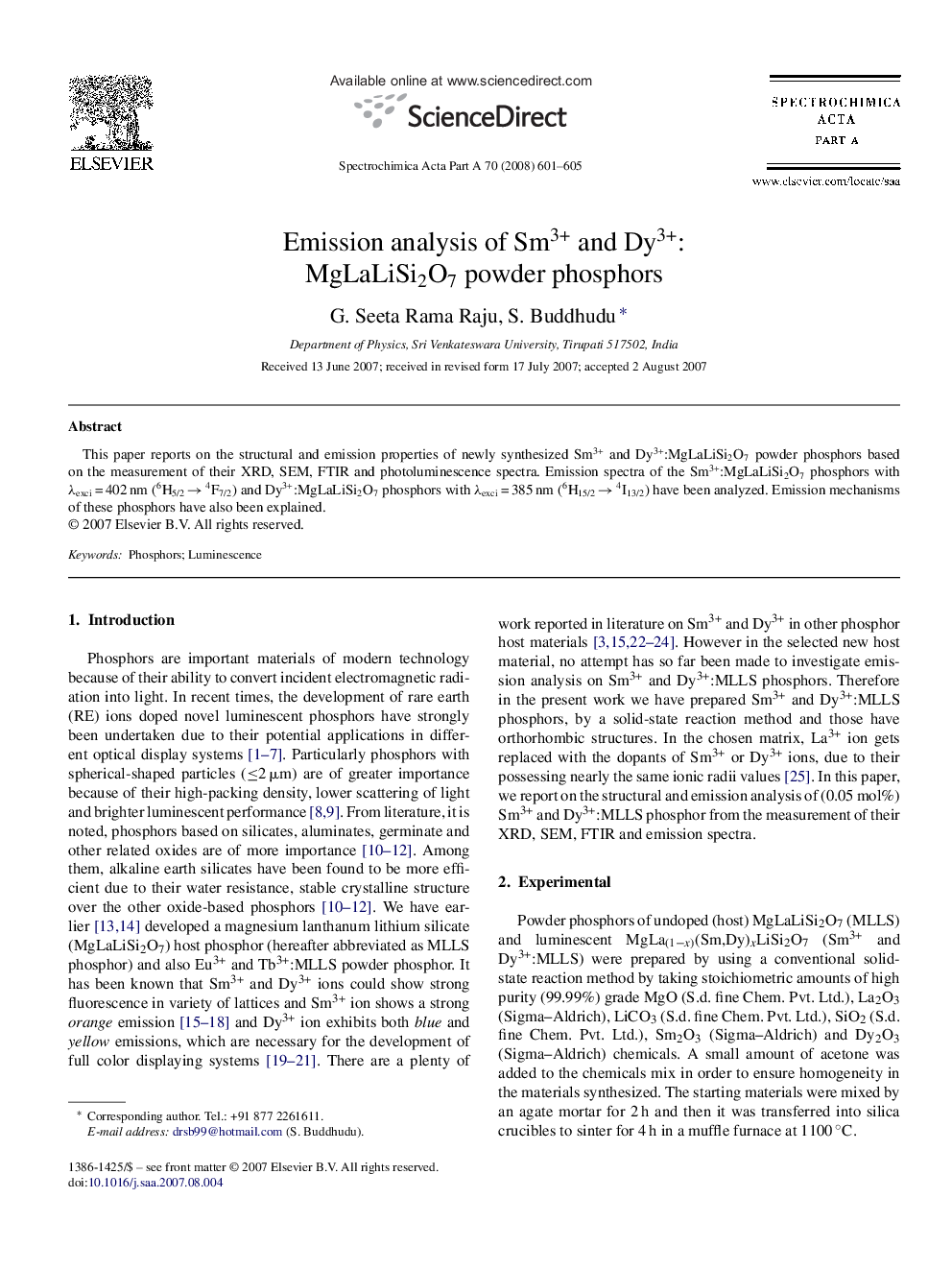 Emission analysis of Sm3+ and Dy3+:MgLaLiSi2O7 powder phosphors
