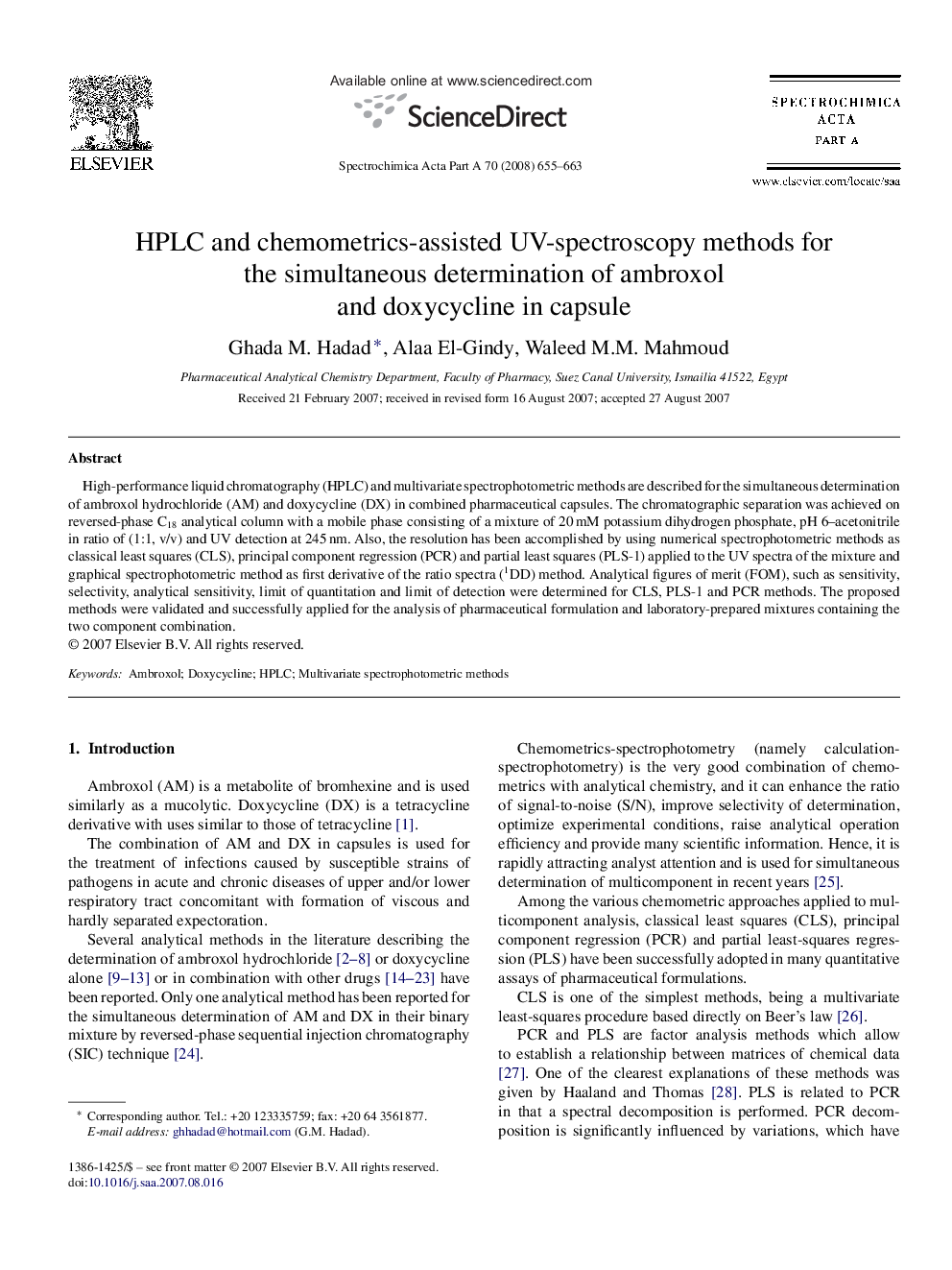 HPLC and chemometrics-assisted UV-spectroscopy methods for the simultaneous determination of ambroxol and doxycycline in capsule