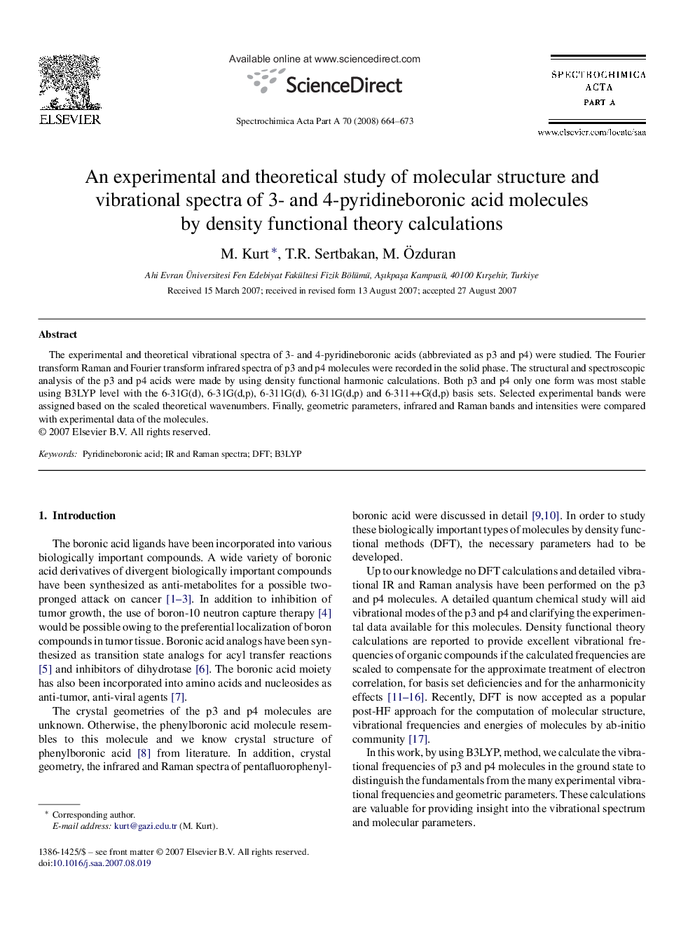 An experimental and theoretical study of molecular structure and vibrational spectra of 3- and 4-pyridineboronic acid molecules by density functional theory calculations