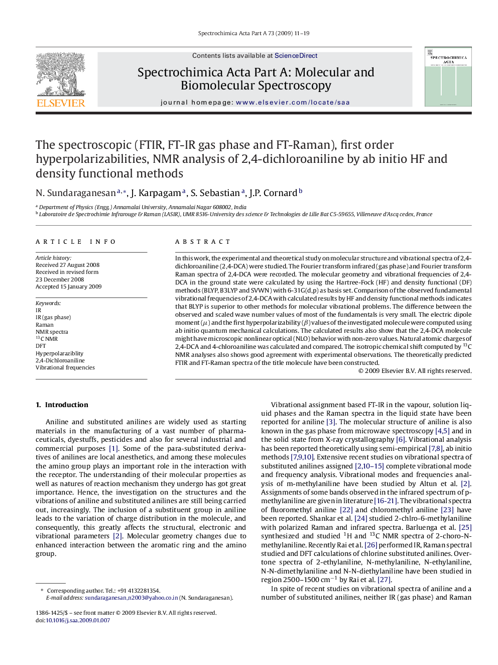 The spectroscopic (FTIR, FT-IR gas phase and FT-Raman), first order hyperpolarizabilities, NMR analysis of 2,4-dichloroaniline by ab initio HF and density functional methods