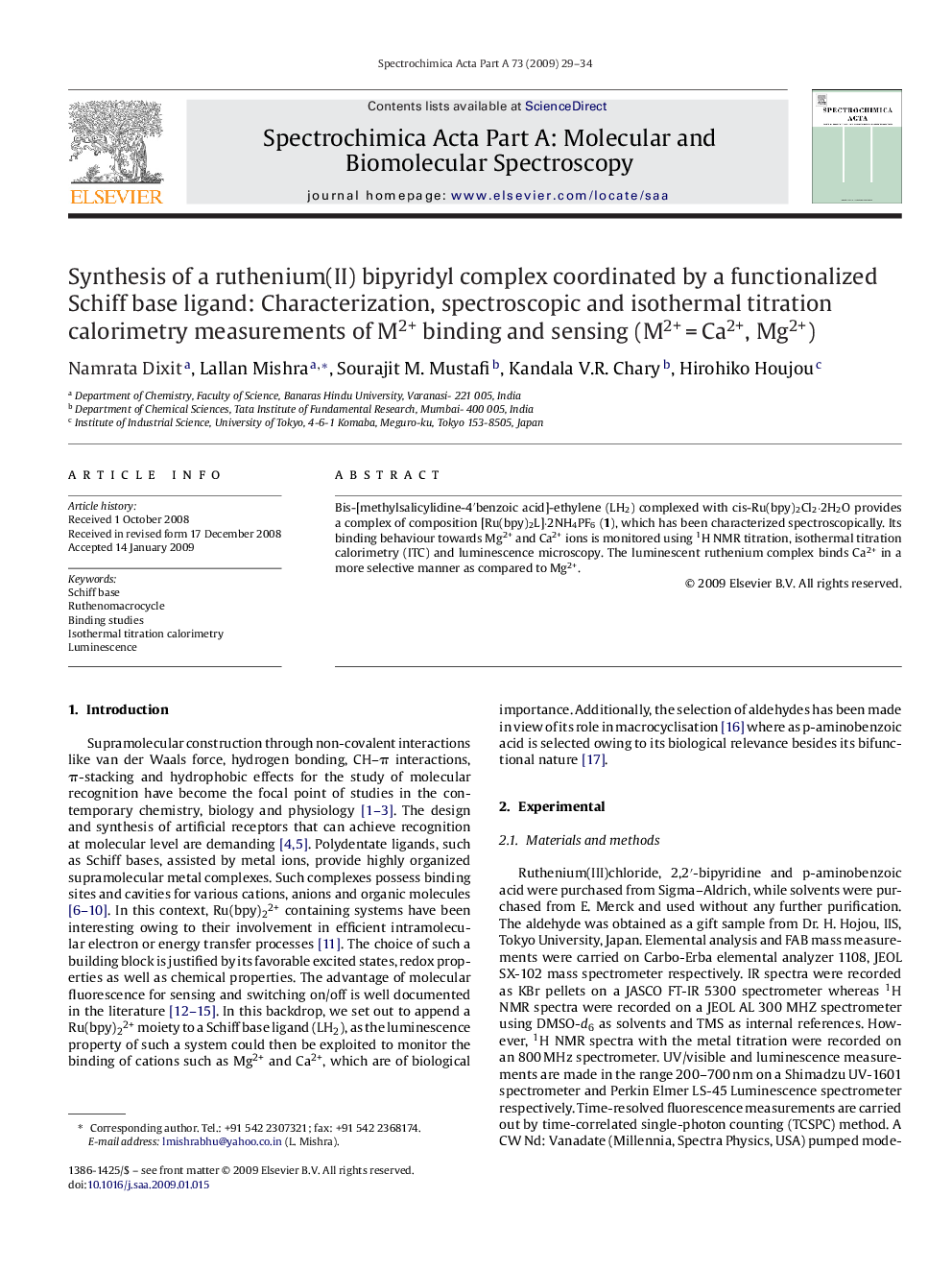 Synthesis of a ruthenium(II) bipyridyl complex coordinated by a functionalized Schiff base ligand: Characterization, spectroscopic and isothermal titration calorimetry measurements of M2+ binding and sensing (M2+ = Ca2+, Mg2+)