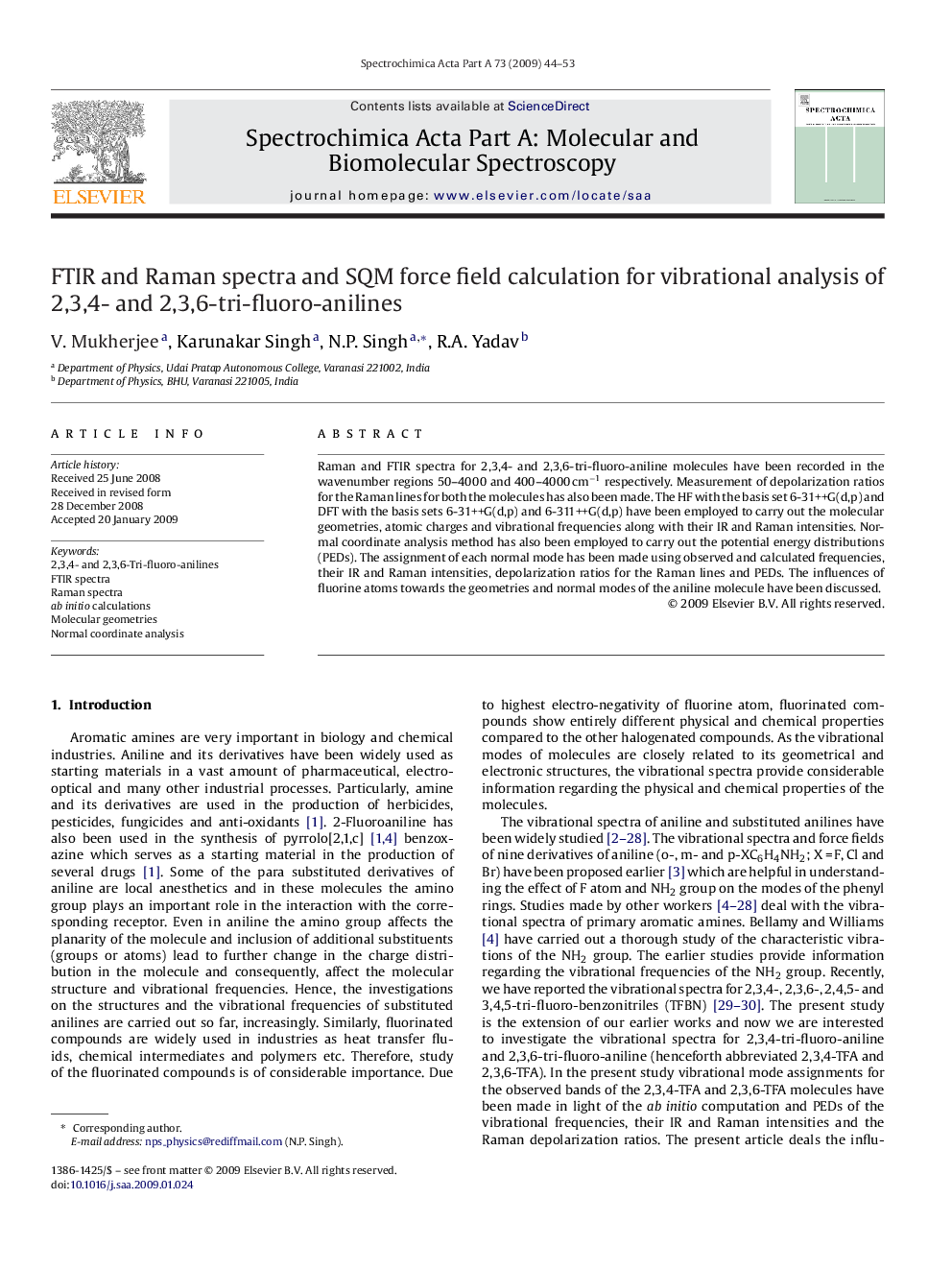 FTIR and Raman spectra and SQM force field calculation for vibrational analysis of 2,3,4- and 2,3,6-tri-fluoro-anilines