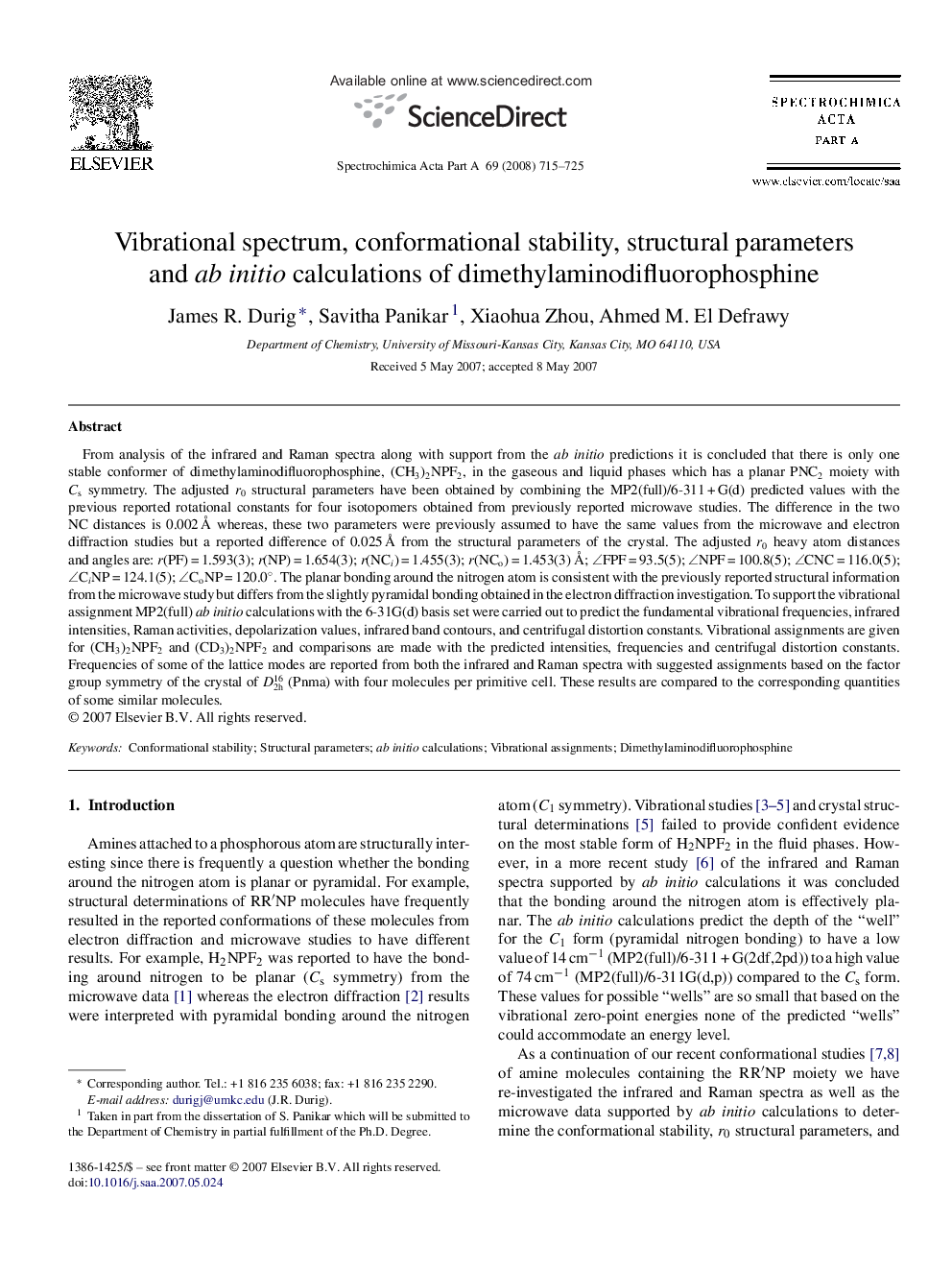 Vibrational spectrum, conformational stability, structural parameters and ab initio calculations of dimethylaminodifluorophosphine