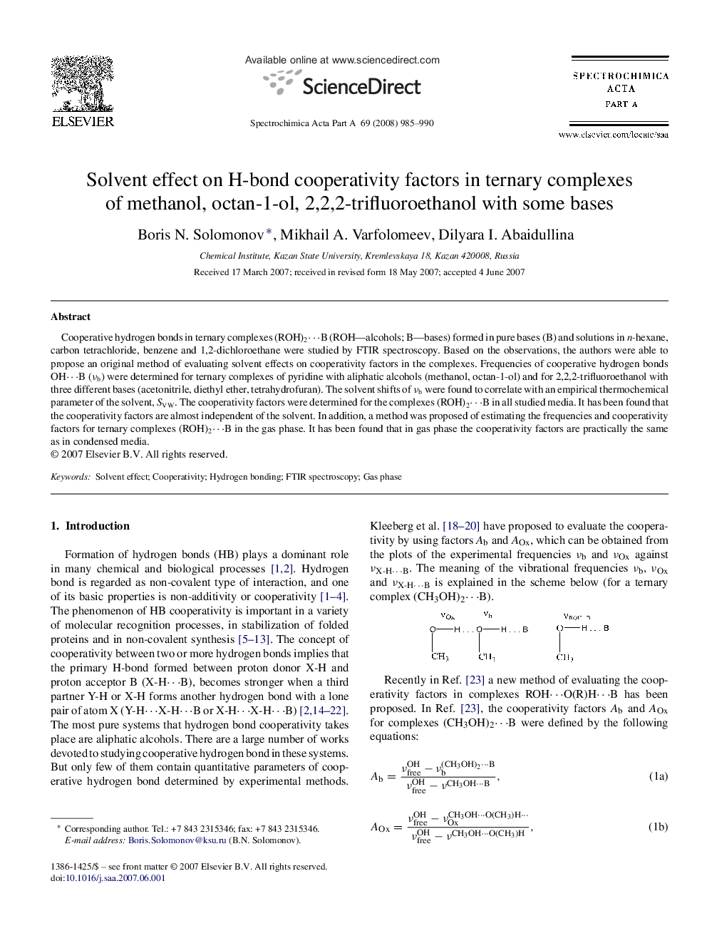 Solvent effect on H-bond cooperativity factors in ternary complexes of methanol, octan-1-ol, 2,2,2-trifluoroethanol with some bases