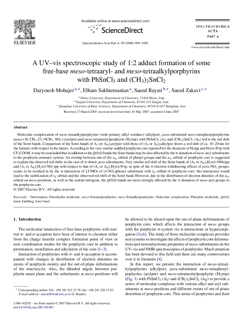 A UV–vis spectroscopic study of 1:2 adduct formation of some free-base meso-tetraaryl- and meso-tetraalkylporphyrins with PhSnCl3 and (CH3)2SnCl2